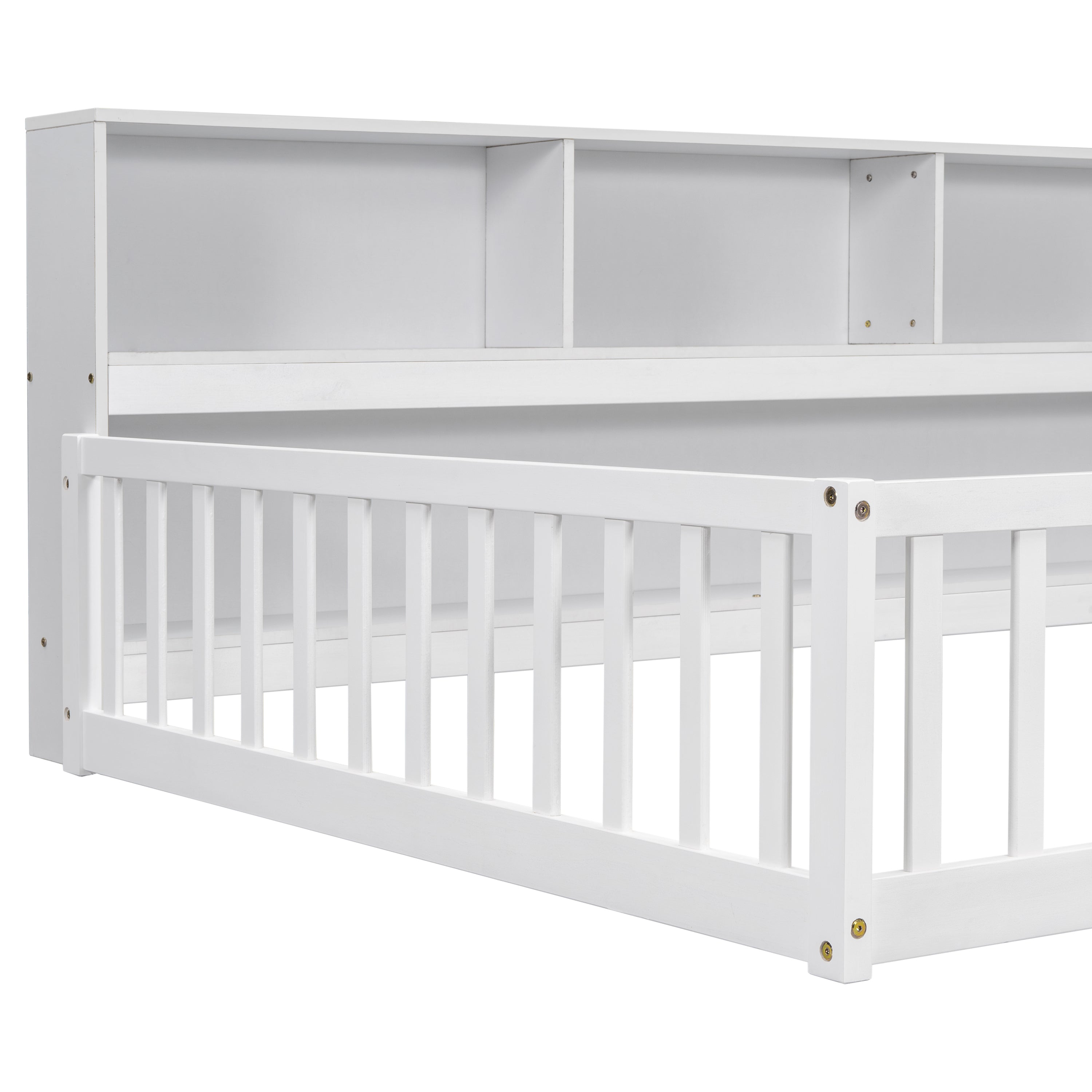 Toddler Full Bed with Side Bookcase,Shelves, & Guardrails - White