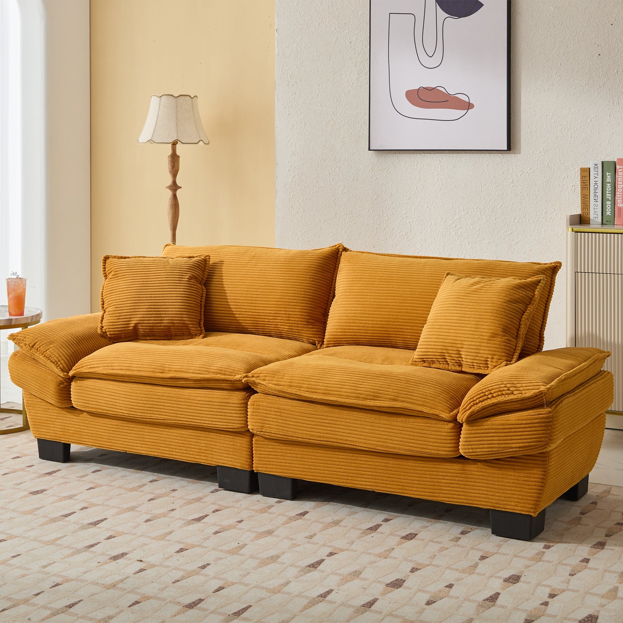 Comfy Corduroy Loveseat Sofa with Pillows  - Yellow