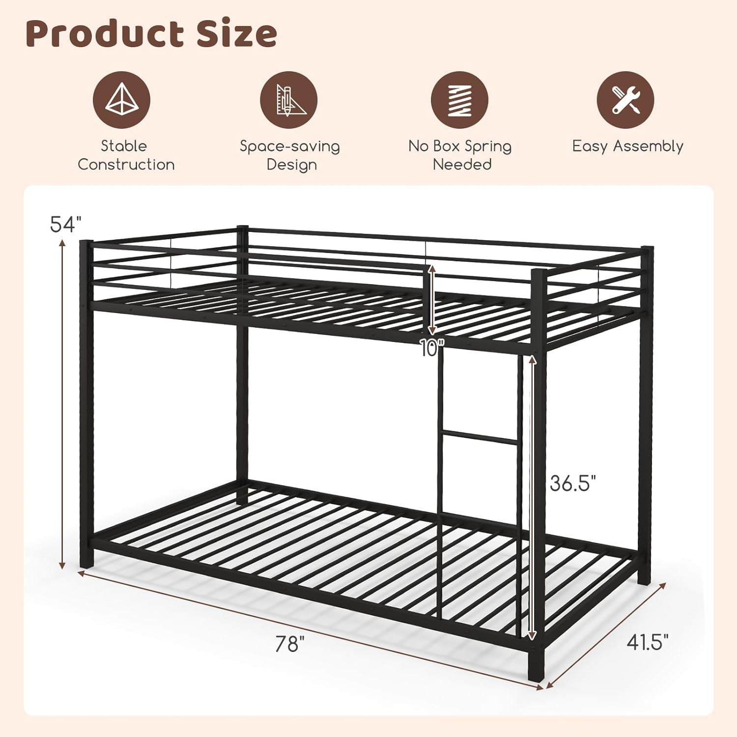 Metal Bunk Bed Twin Over Twin With Safety Guard Rails - Black