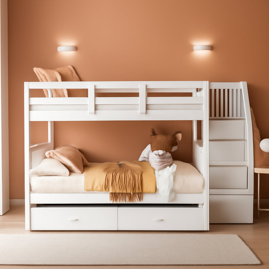 Wooden Twin Over Twin Bunk Bed with Stairs and Trundle - White