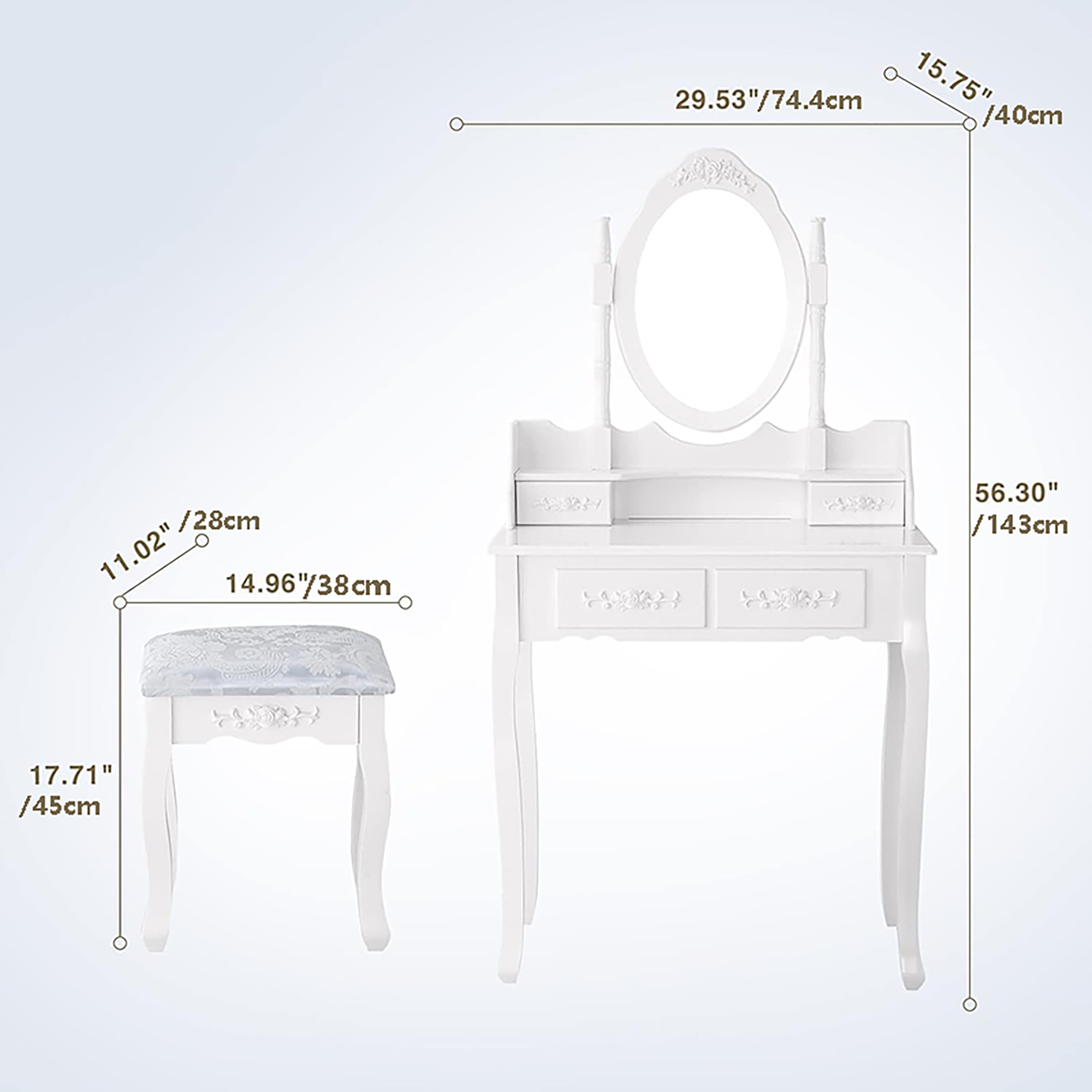Elegant White Vanity Table Set with Oval Mirror, 4 drawers, & Cushioned Stool
