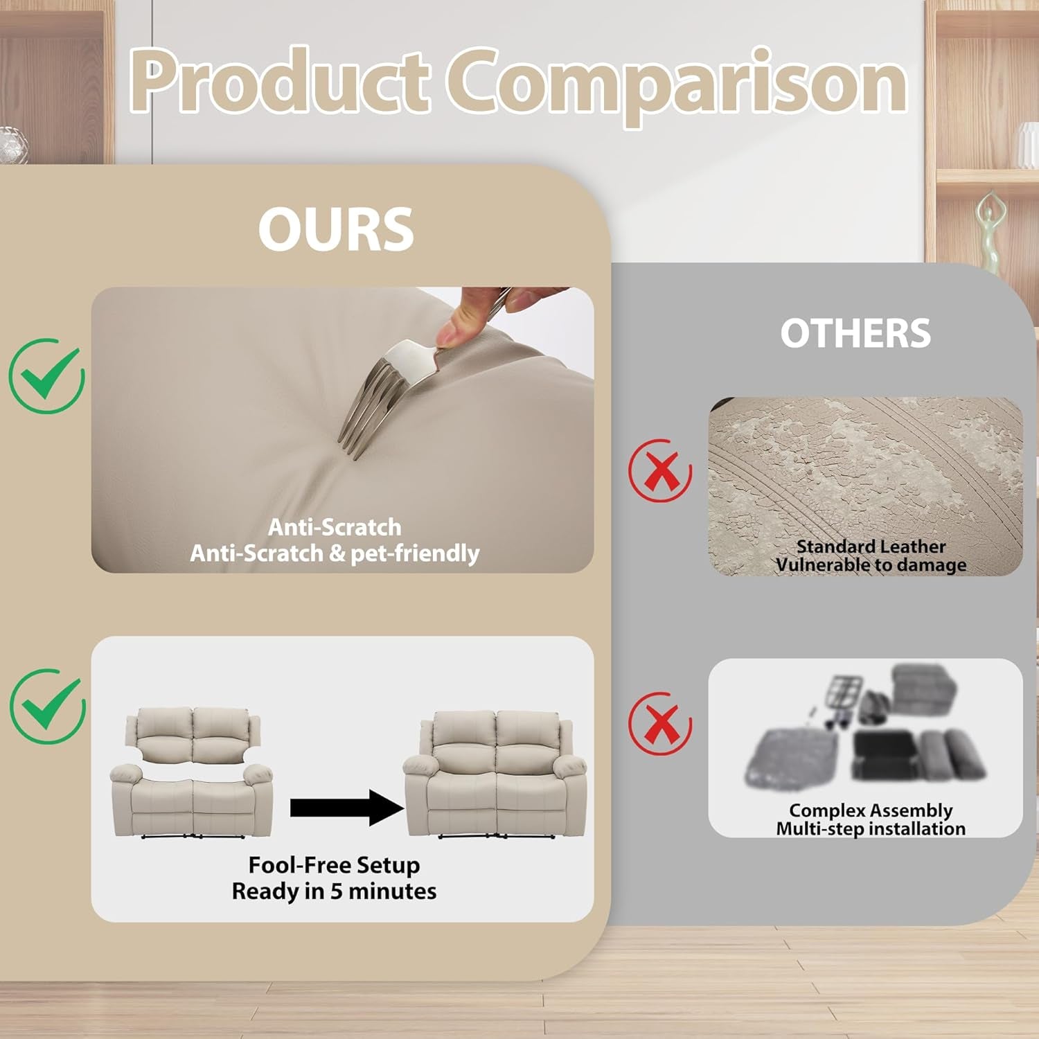 Beige Manual Leather Loveseat Recliner Sofa With Pockets