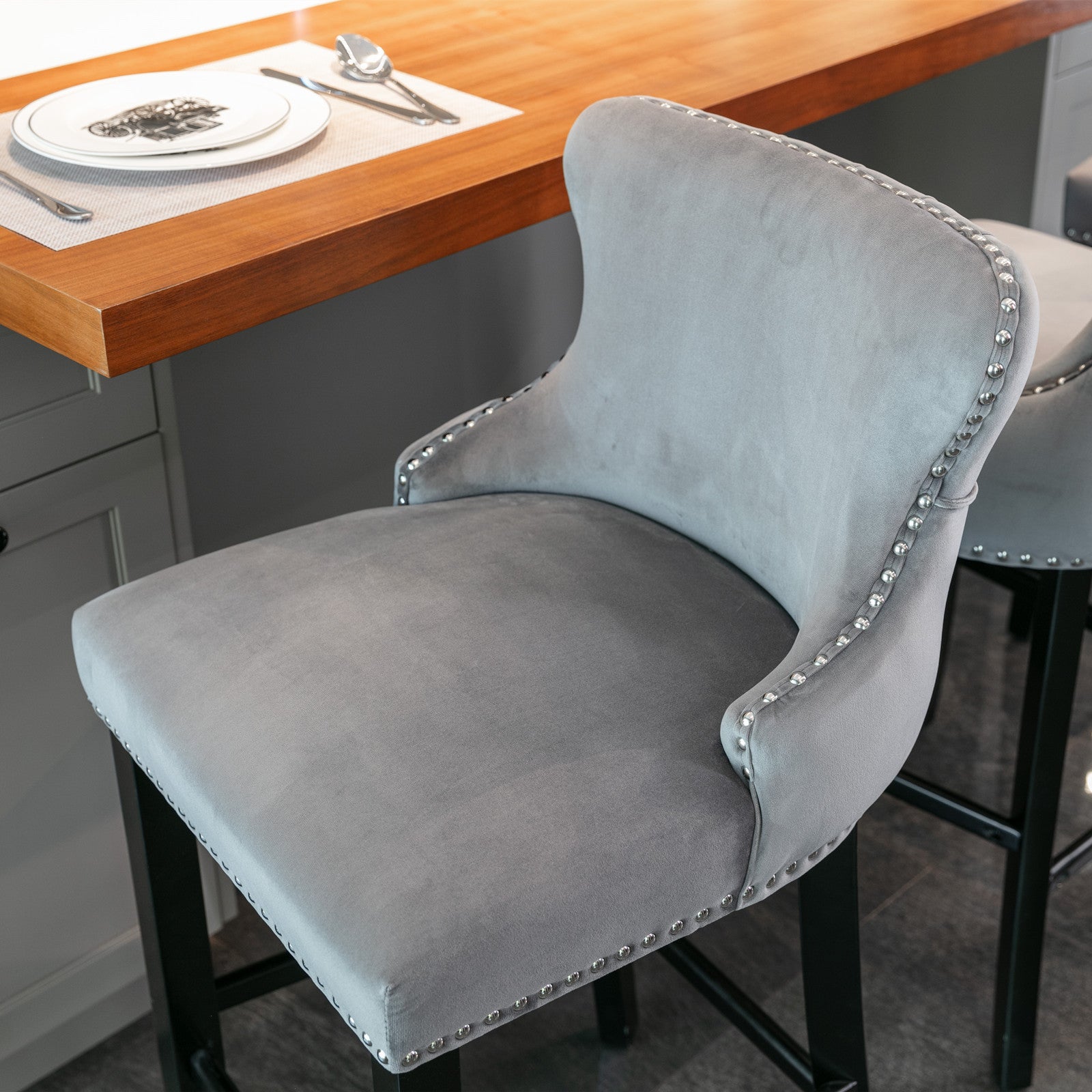 Velvet Upholstered Wing-Back Barstools with Button Tufted Decoration and Wooden Legs -Gray