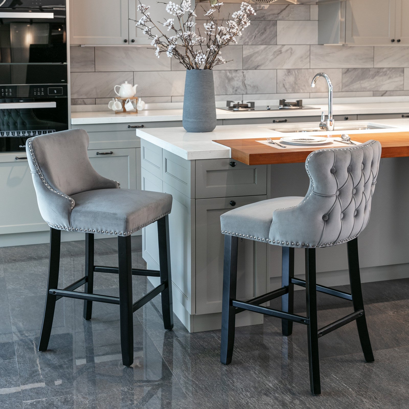 Velvet Upholstered Wing-Back Barstools with Button Tufted Decoration and Wooden Legs -Gray