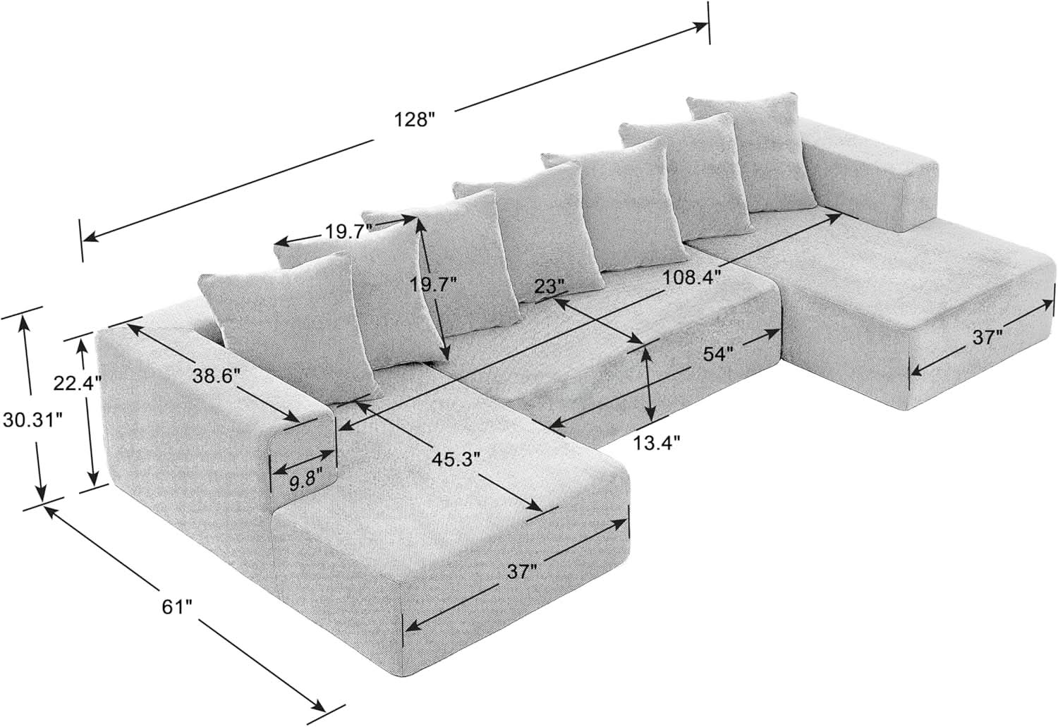 U-Shaped Modular Chenille Sectional Sofa in Gray