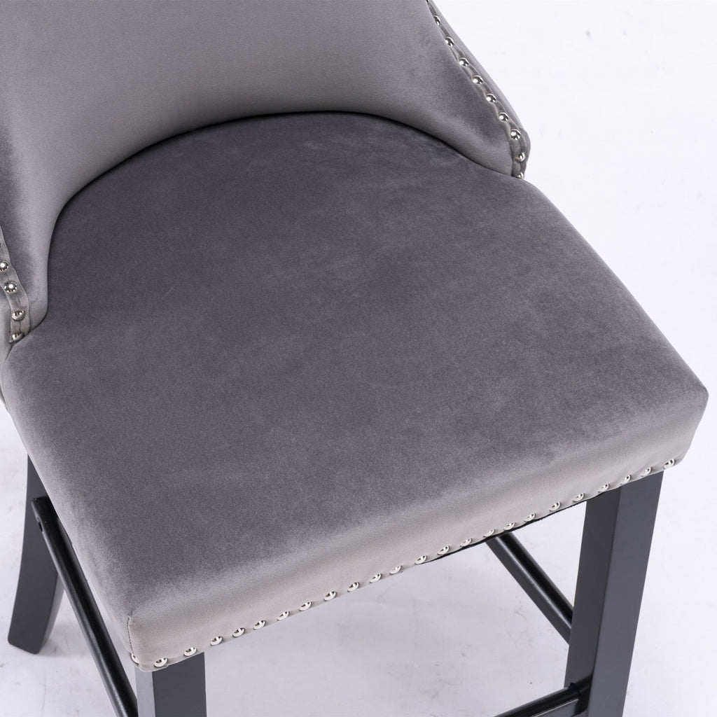 Velvet Upholstered Wing-Back Barstools with Button Tufted Decoration and Wooden Legs -Gray