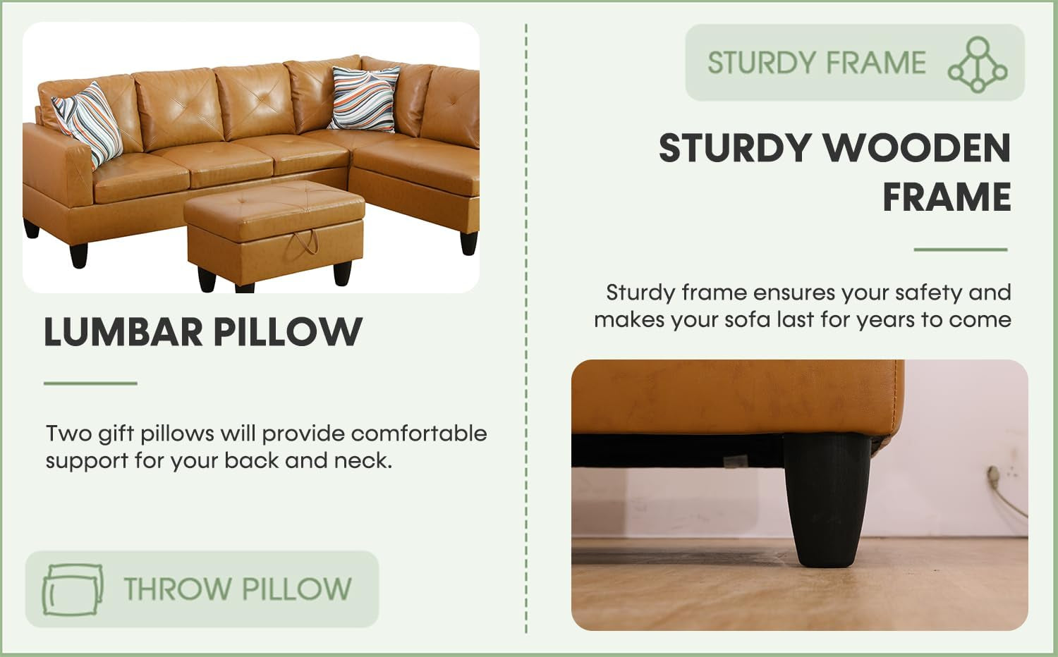 Leather Sectional  L Shape Sofa With Storage Ottoman - Ginger