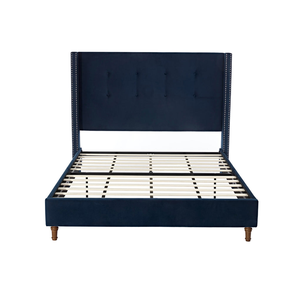 Peyton Upholstered Queen Bed with High Headboard and Traditional Buttoned Tufting in Blue Velvet