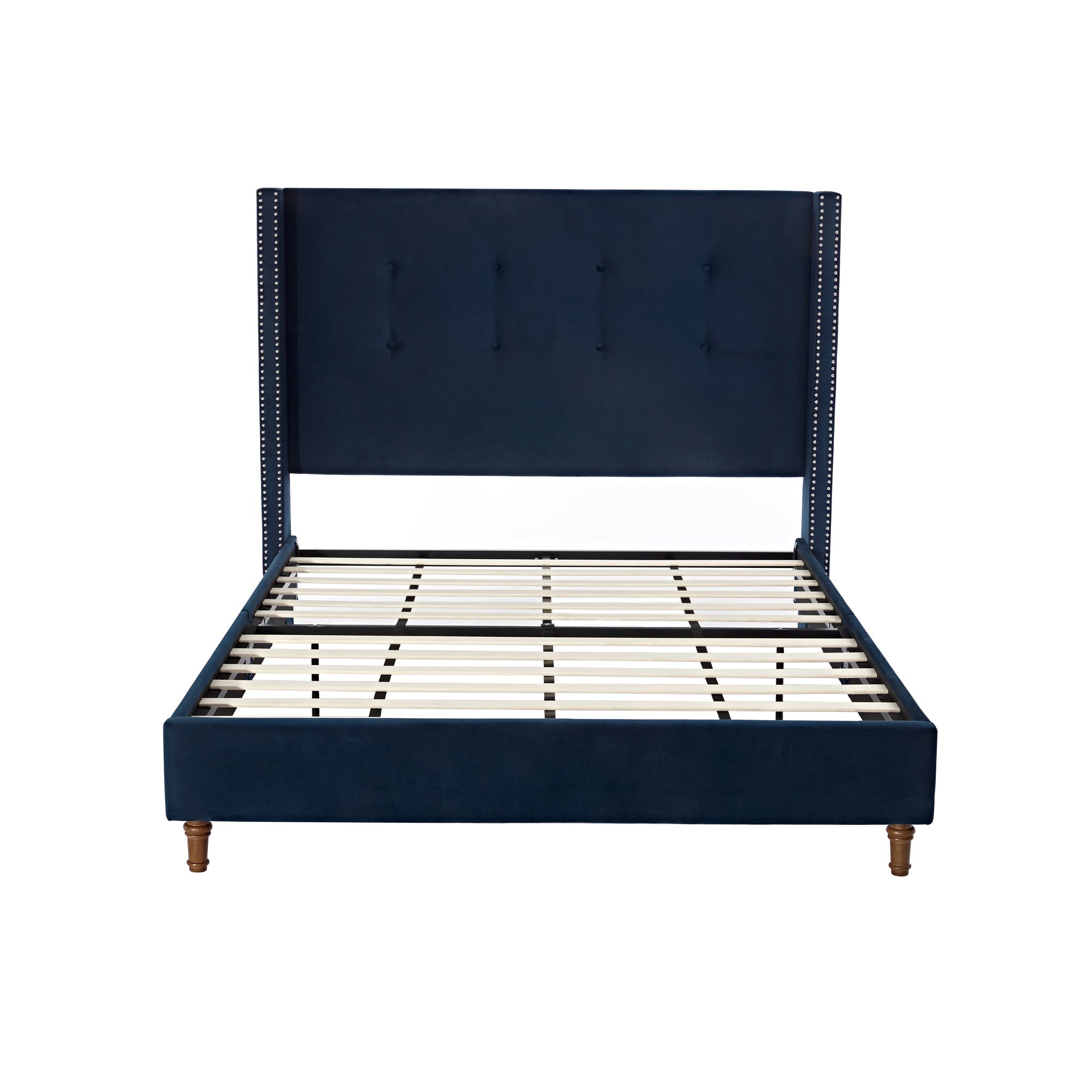 Peyton Upholstered Queen Bed with High Headboard and Traditional Buttoned Tufting in Blue Velvet