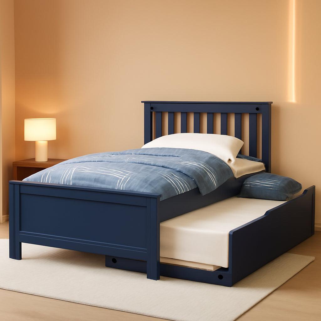 Twin Size Bed Frame With Trundle and Slatted Headboard - Blue