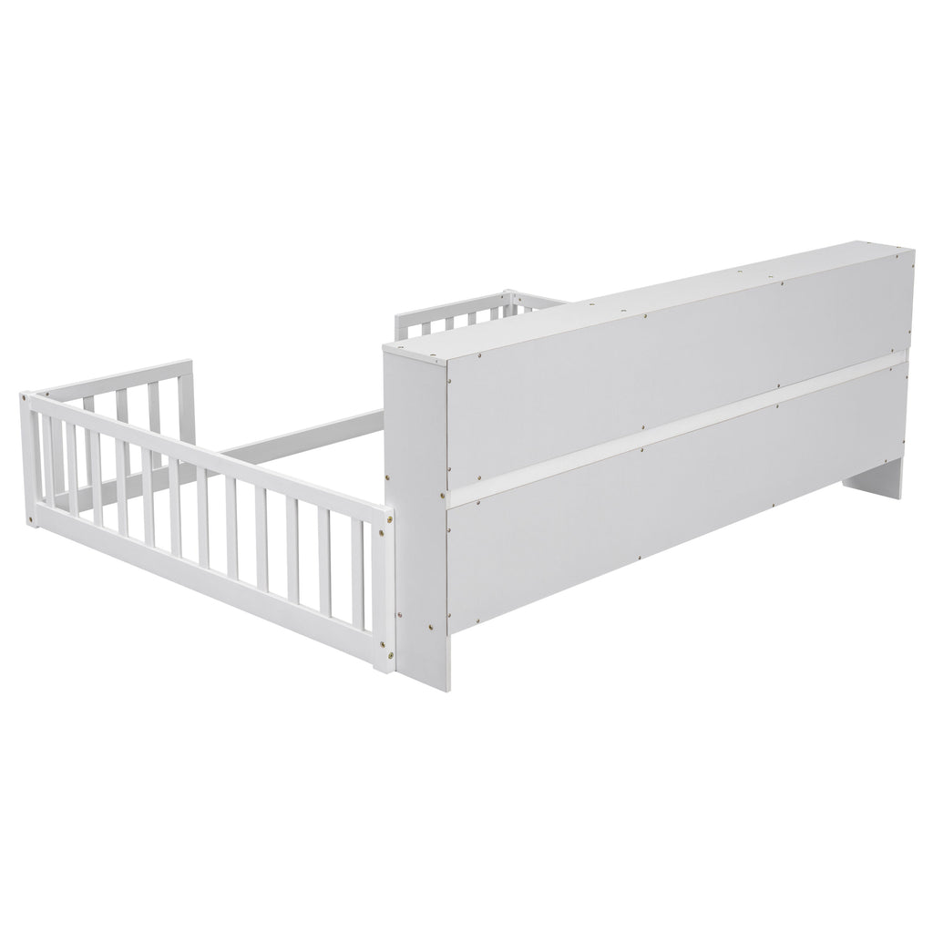 Toddler Full Bed with Side Bookcase,Shelves, & Guardrails - White
