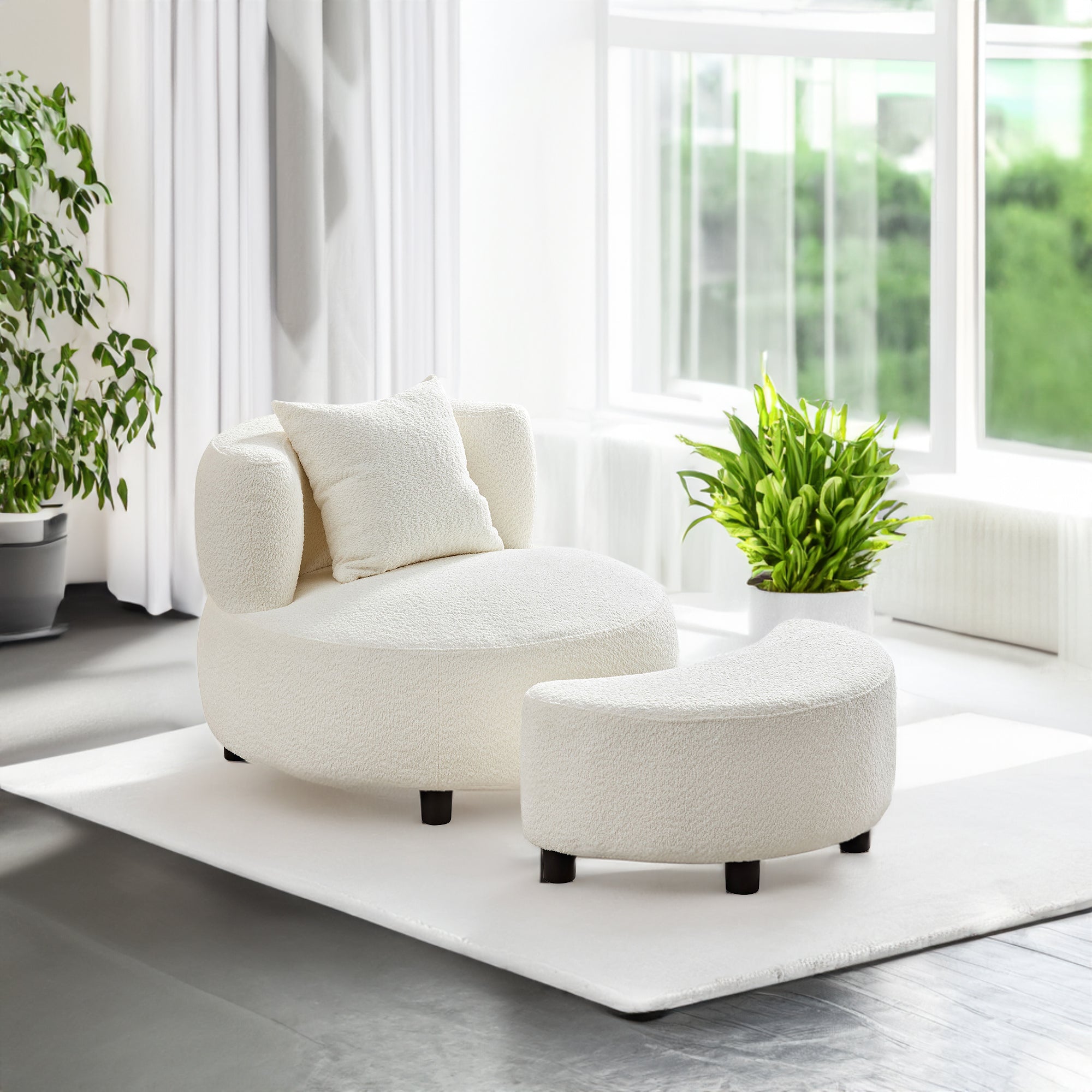 Modern Comfy Teddy Fabric Sofa Chair with Ottoman Foot Rest - Beige