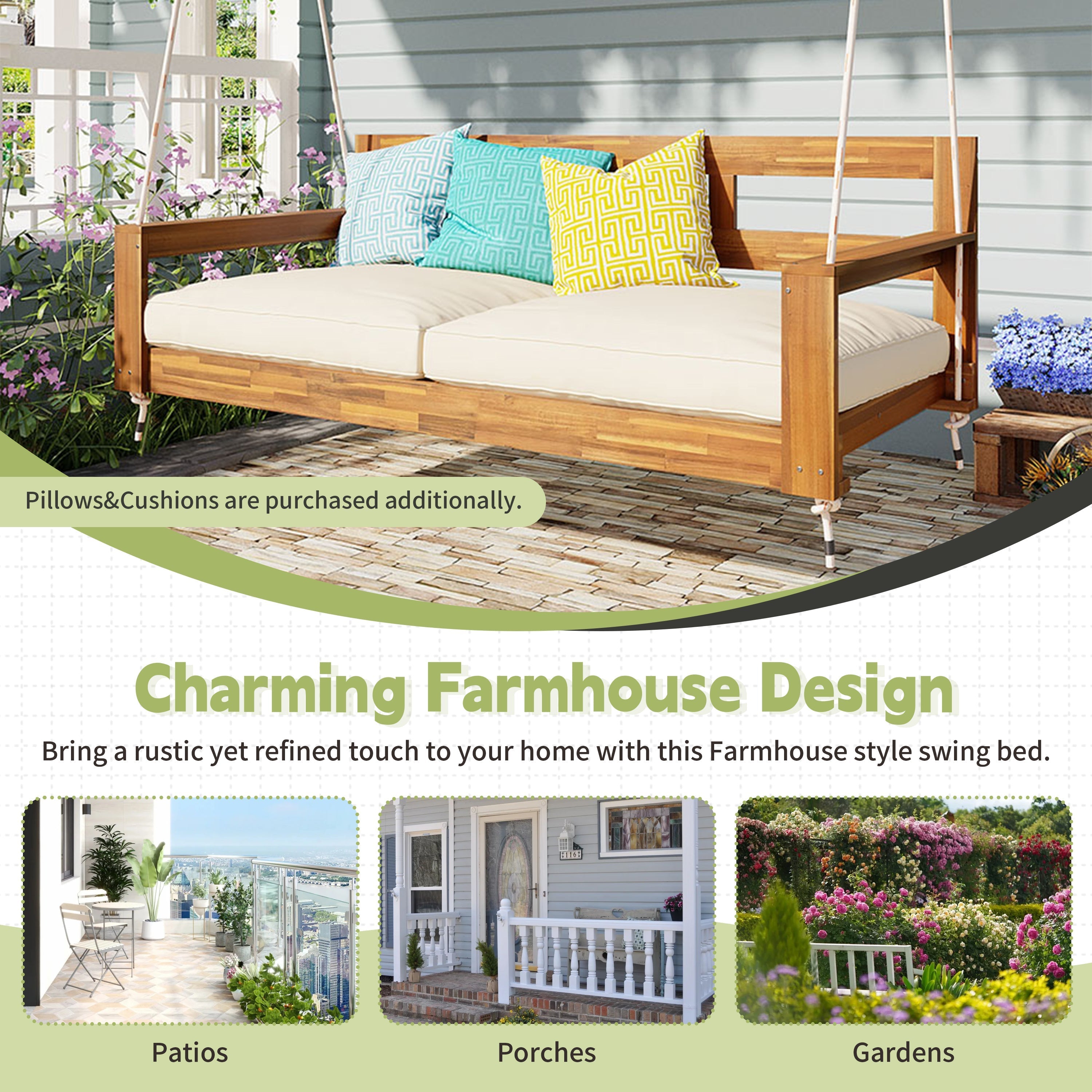 TOPMAX Patio Wooden Twin Size Porch Swing Daybed Frame