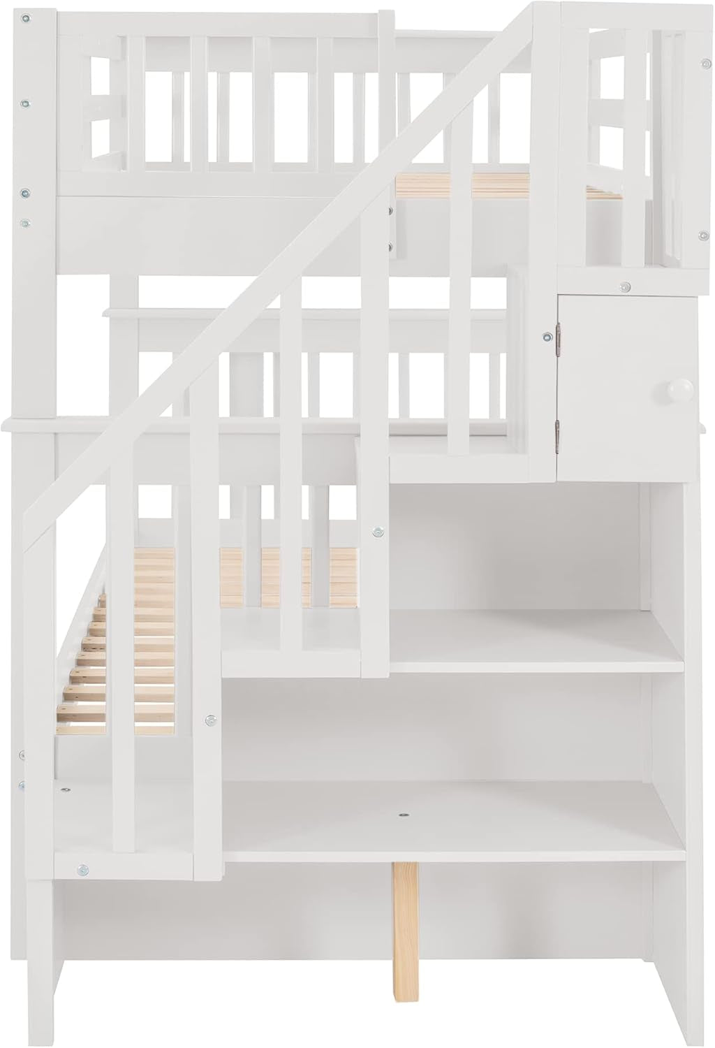 Wooden Twin Over Twin Bunk Bed with Stairs and Trundle - White