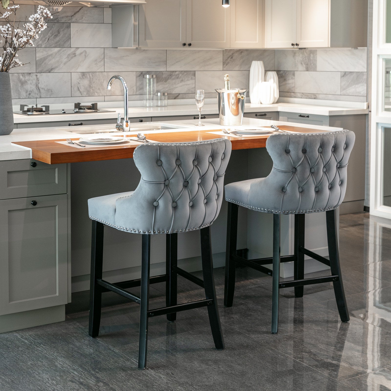 Velvet Upholstered Wing-Back Barstools with Button Tufted Decoration and Wooden Legs -Gray
