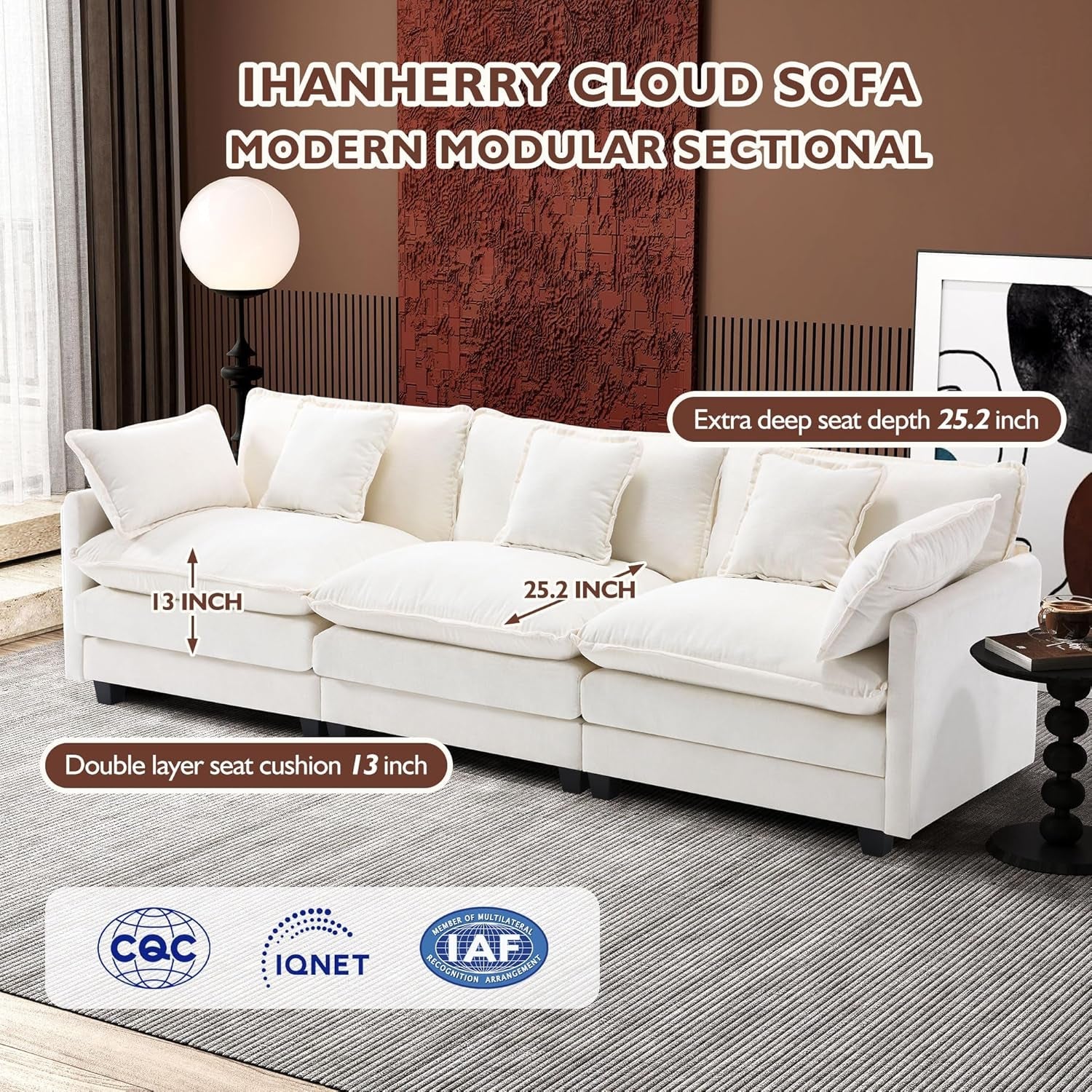 Cloud Sectional Sofa With Breathable Chenille Fabric - Beige