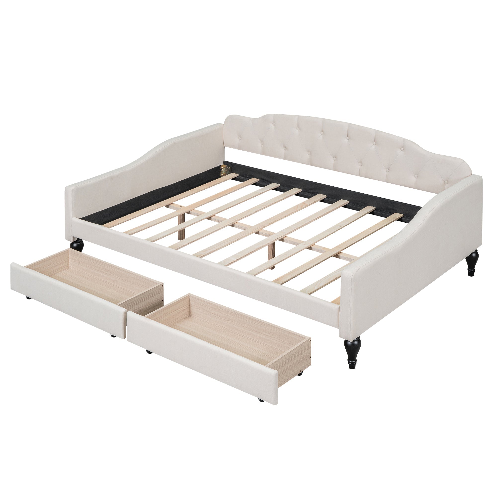Full Size Upholstered Tufted Daybed with Two Drawers- Beige