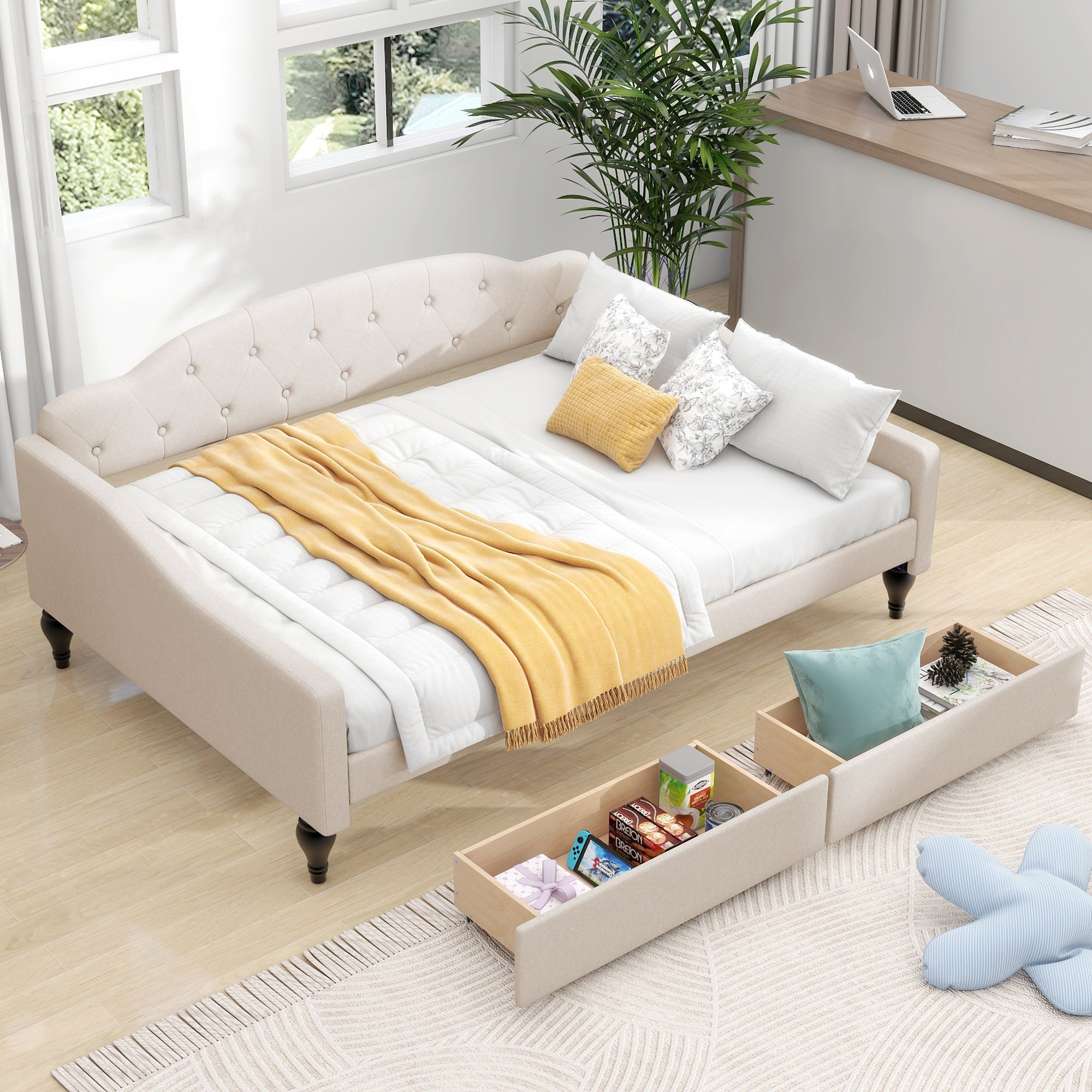 Full Size Upholstered Tufted Daybed with Two Drawers- Beige