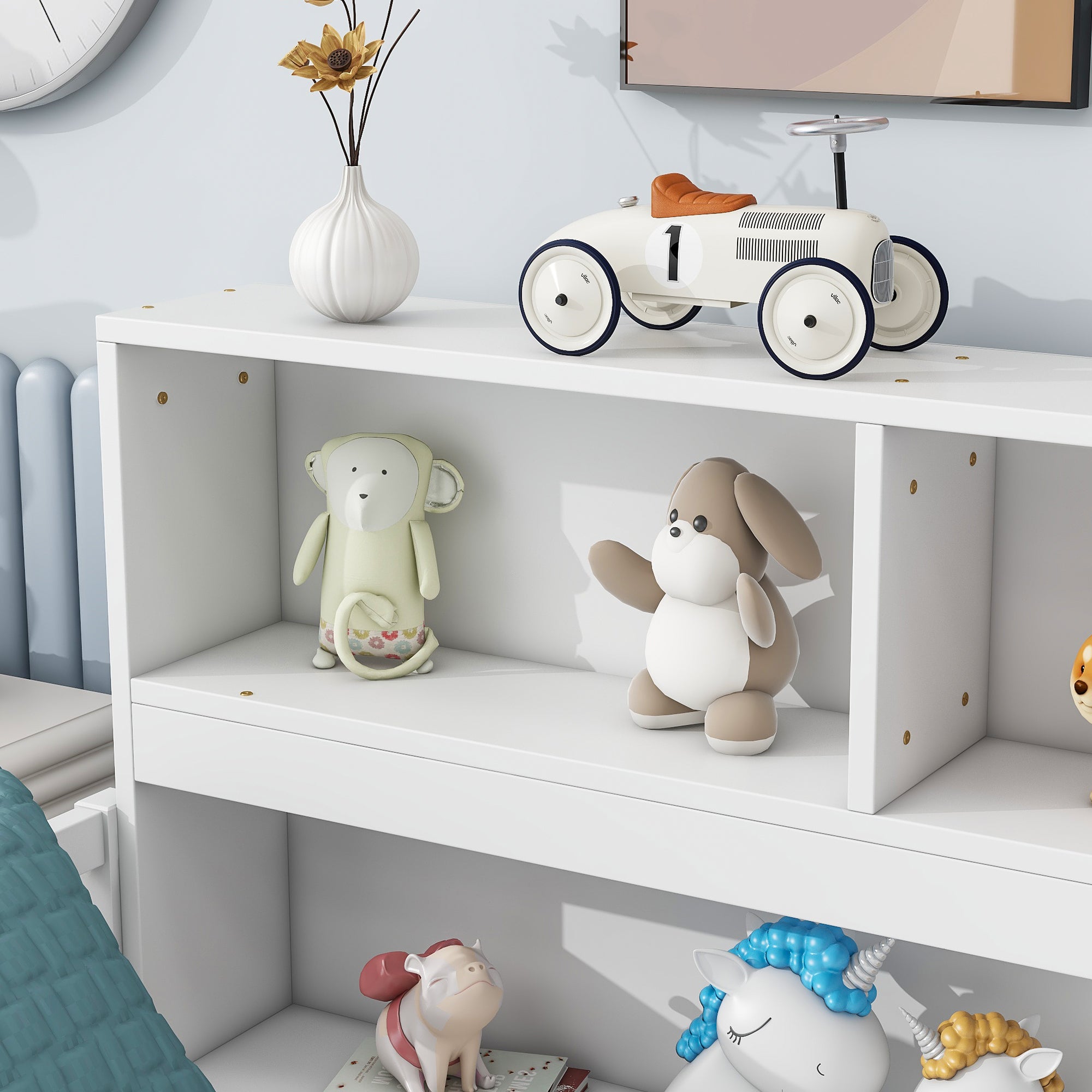 Toddler Full Bed with Side Bookcase,Shelves, & Guardrails - White