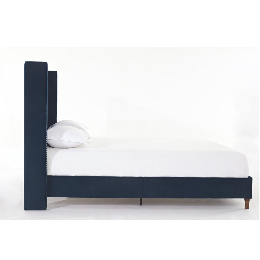 Peyton Upholstered Queen Bed with High Headboard and Traditional Buttoned Tufting in Blue Velvet