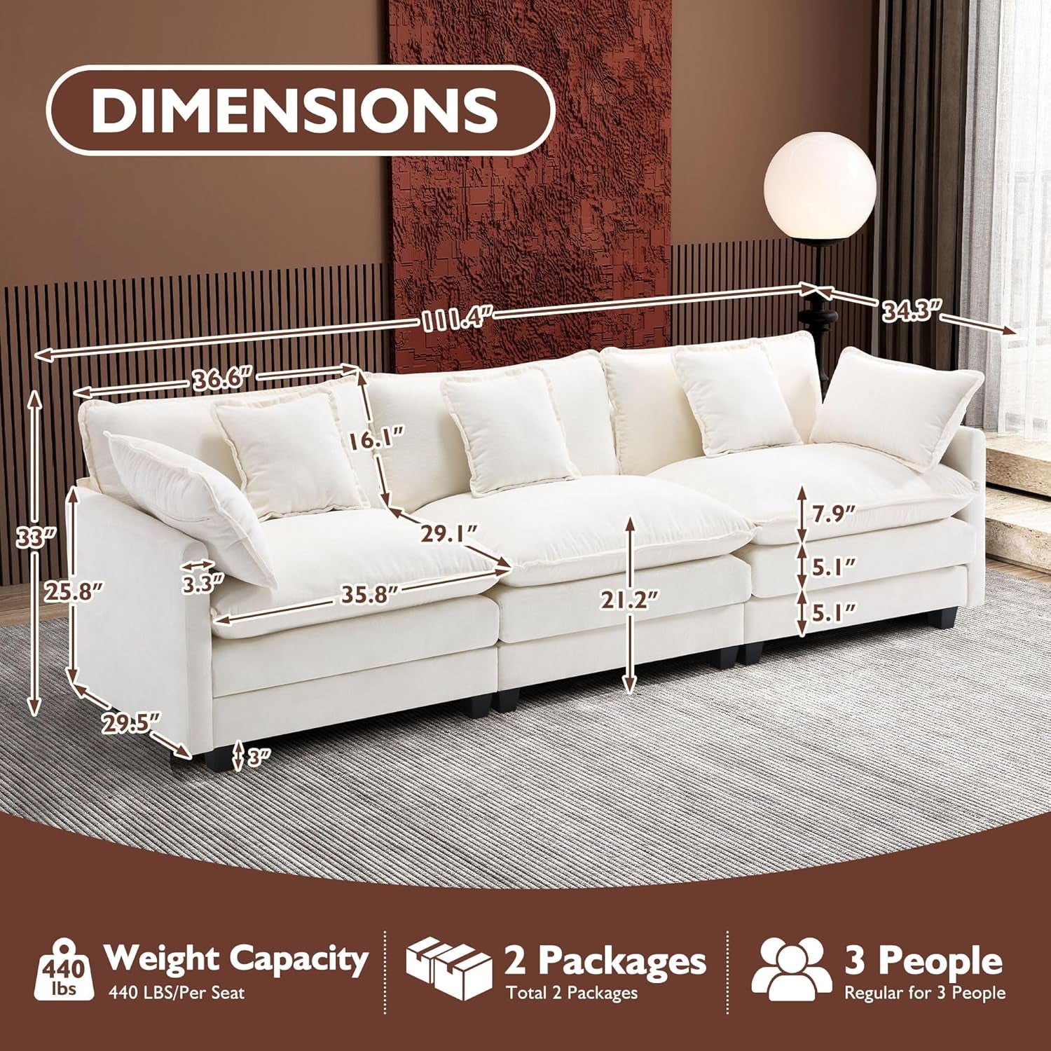 Cloud Sectional Sofa With Breathable Chenille Fabric - Beige