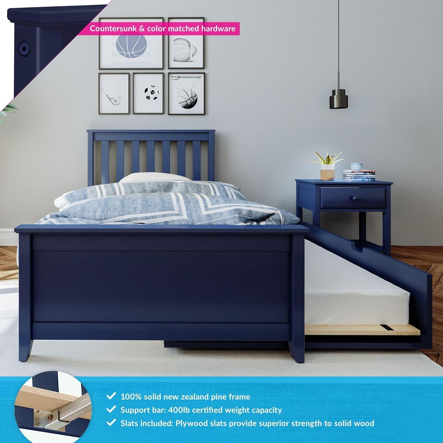 Twin Size Bed Frame With Trundle and Slatted Headboard - Blue