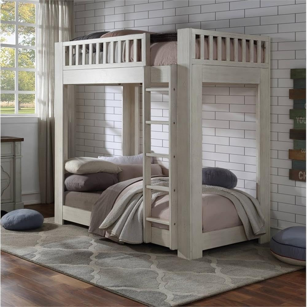 Wooden Twin Over Twin Bunk Bed With Ladder - Weathered White