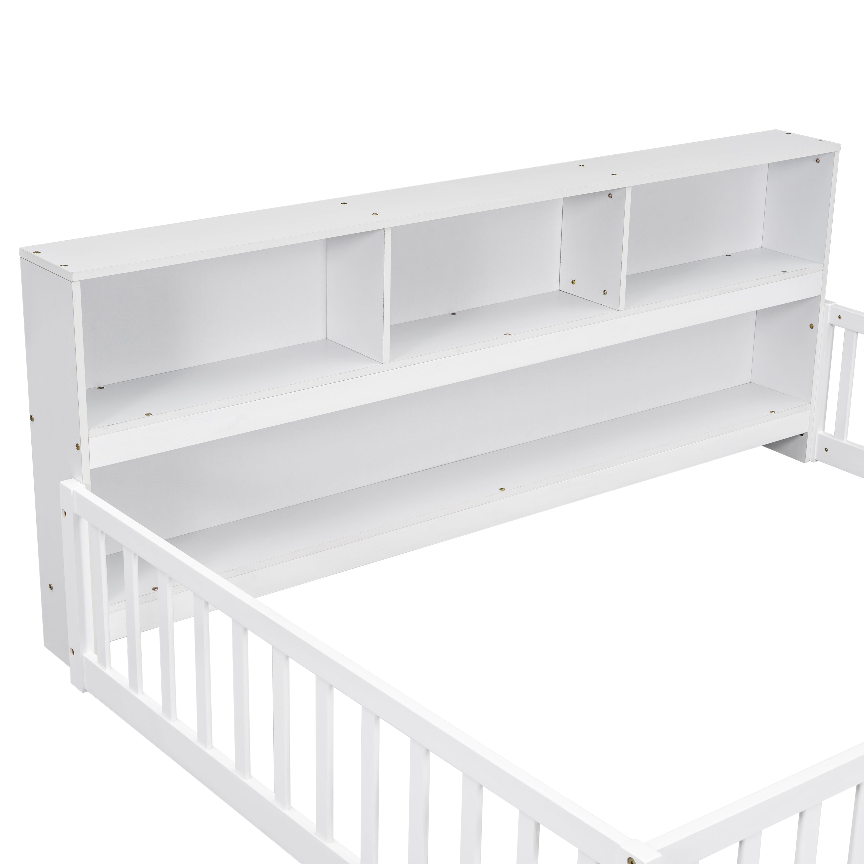 Toddler Full Bed with Side Bookcase,Shelves, & Guardrails - White