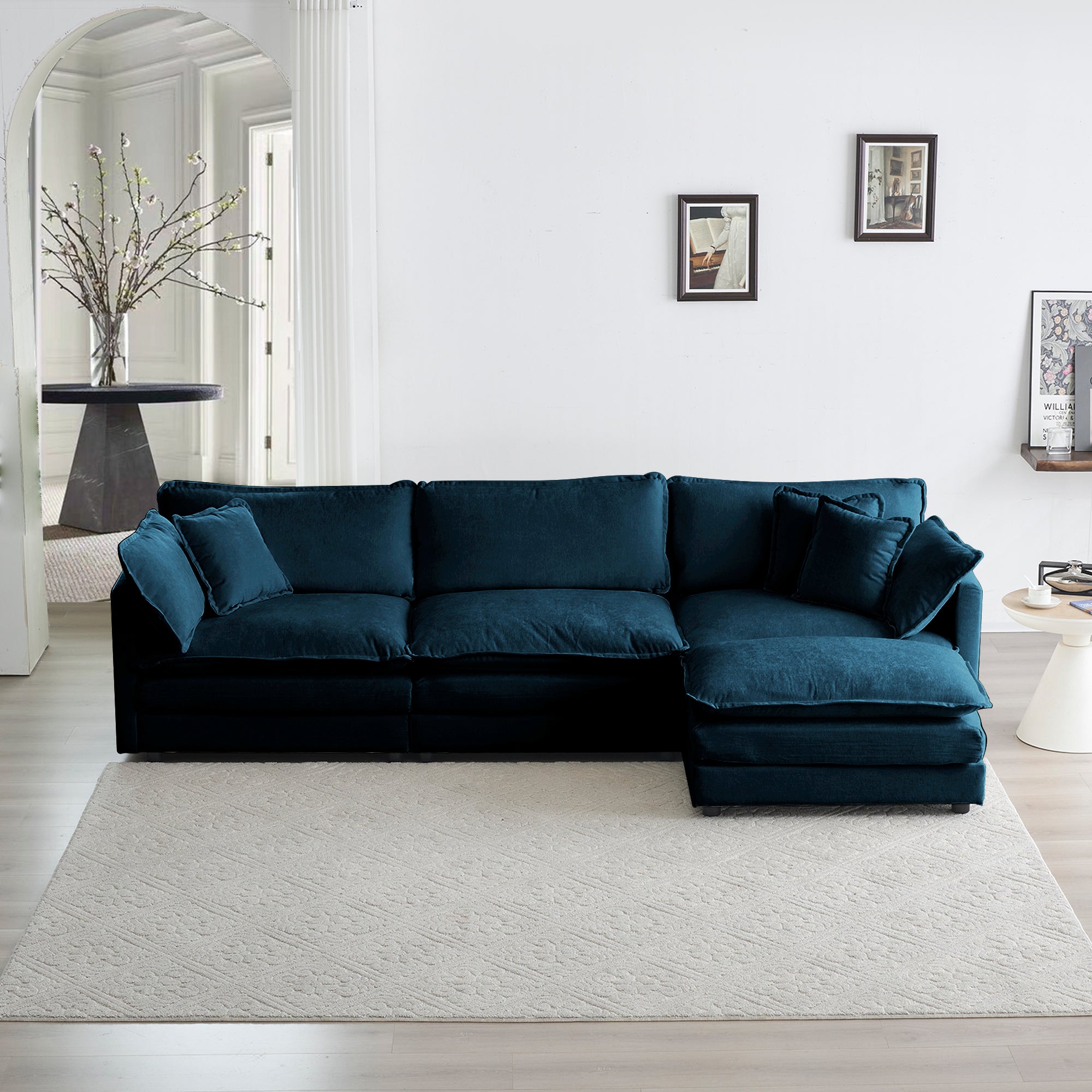 Chenille Oversized Comfy L-Shaped Sectional Sofa with Reversible Ottoman - Blue