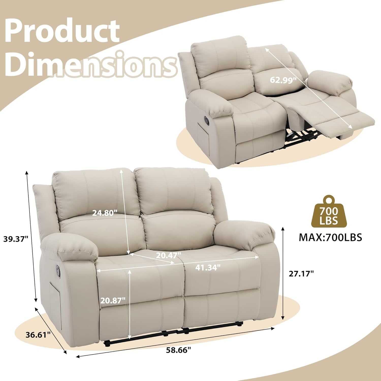 Beige Manual Leather Loveseat Recliner Sofa With Pockets