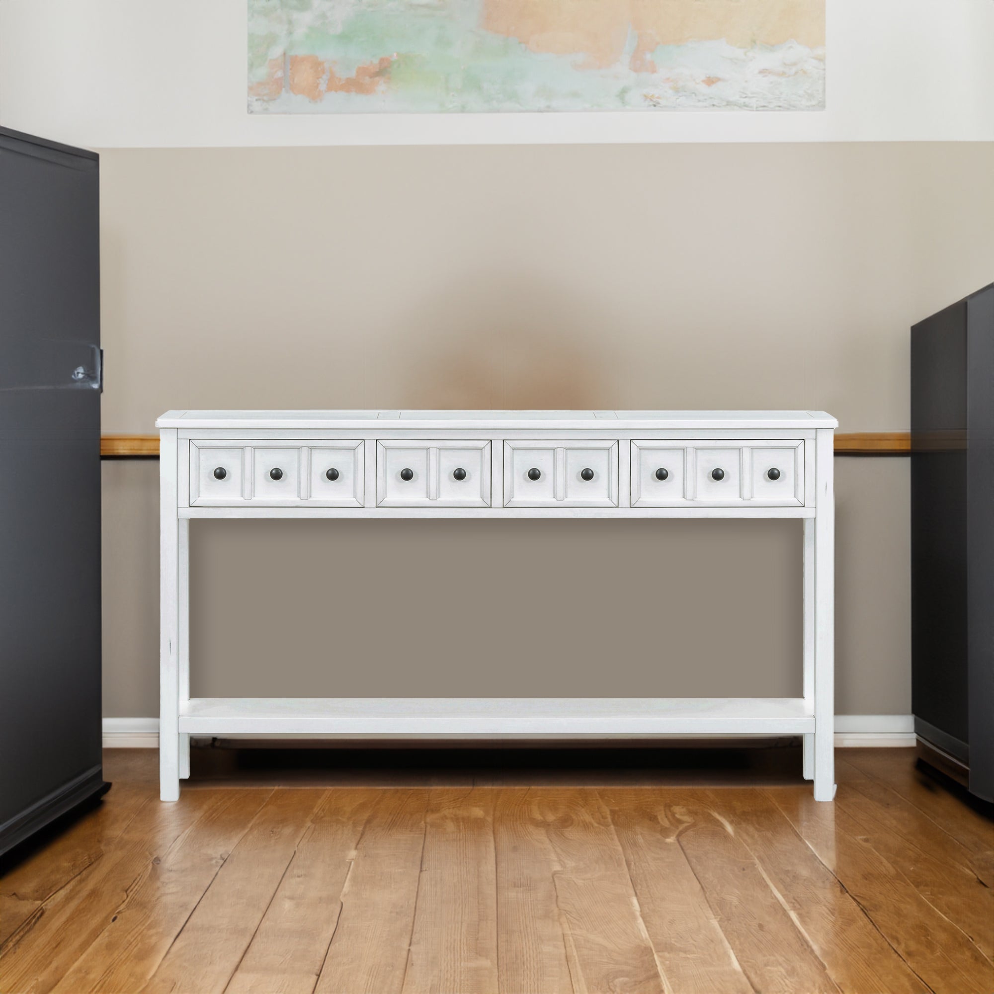 Rustic Entryway Console Table with Drawers and Bottom Shelf for Storage (Antique White)