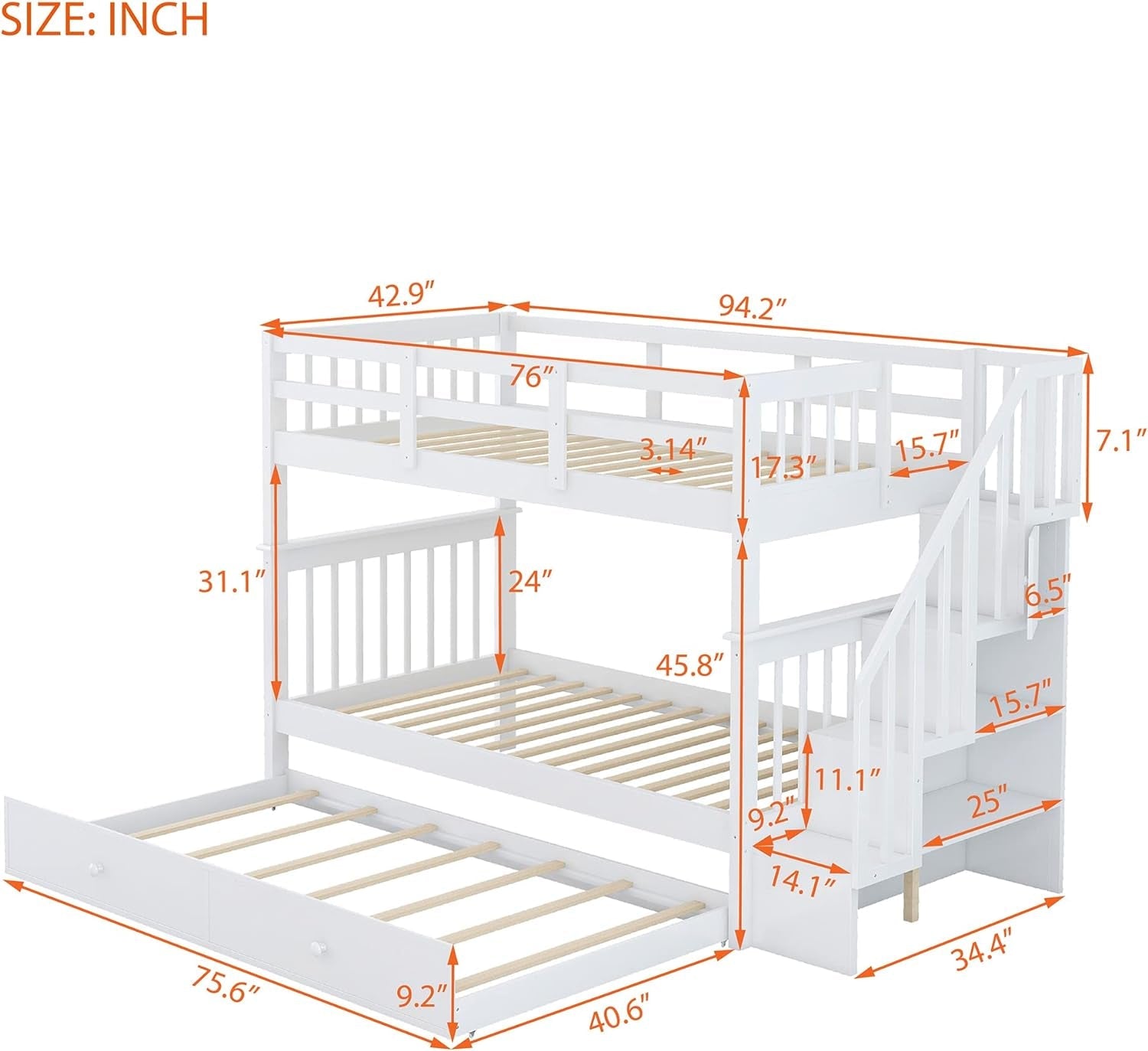 Wooden Twin Over Twin Bunk Bed with Stairs and Trundle - White
