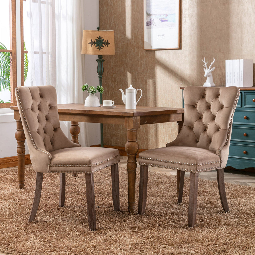 High-End Tufted Solid Wood Velvet Upholstered Dining Chairs, 2-Pc Set Khaki