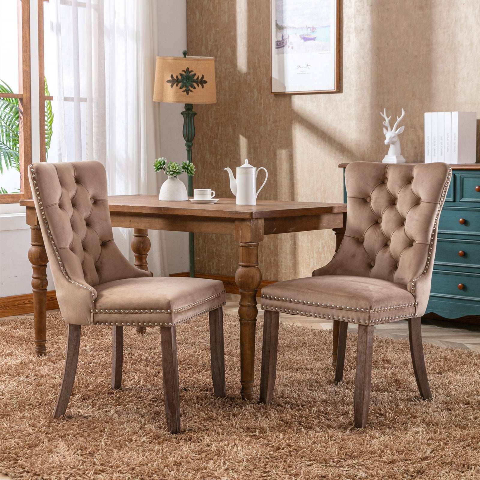 High-End Tufted Solid Wood Velvet Upholstered Dining Chairs, 2-Pc Set Khaki