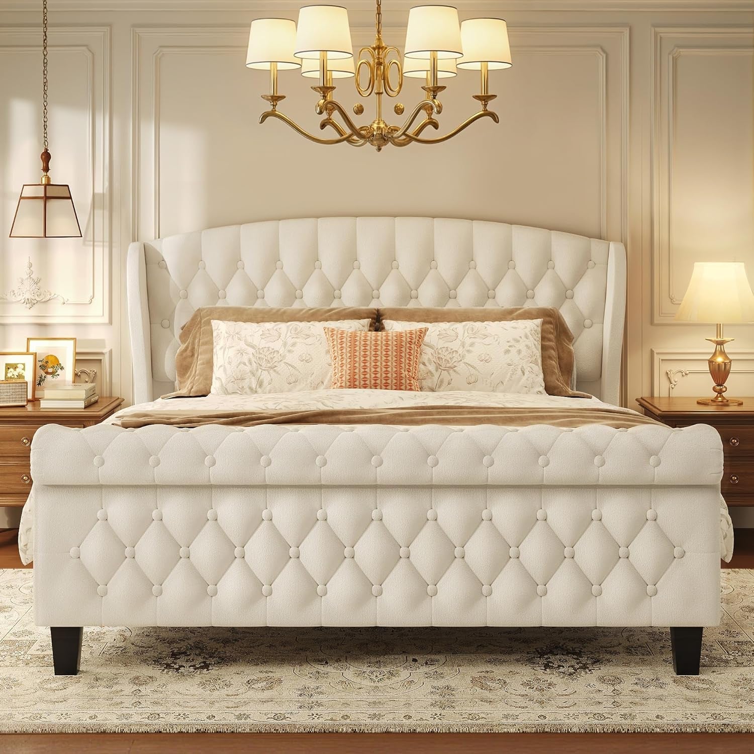 Queen Size Velvet Sleigh Bed With Wingback Headboard - White