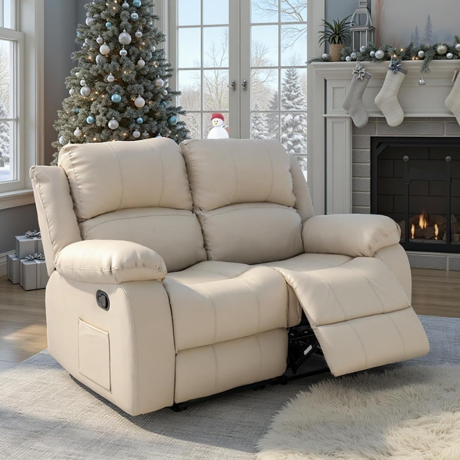 Beige Manual Leather Loveseat Recliner Sofa With Pockets