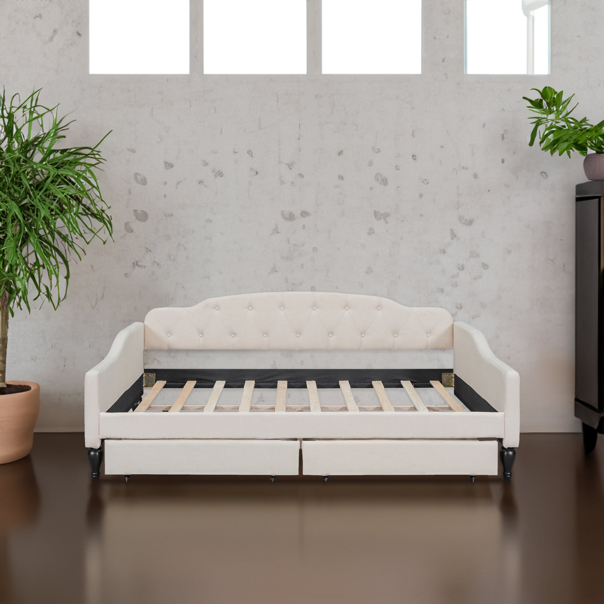 Full Size Upholstered Tufted Daybed with Two Drawers- Beige