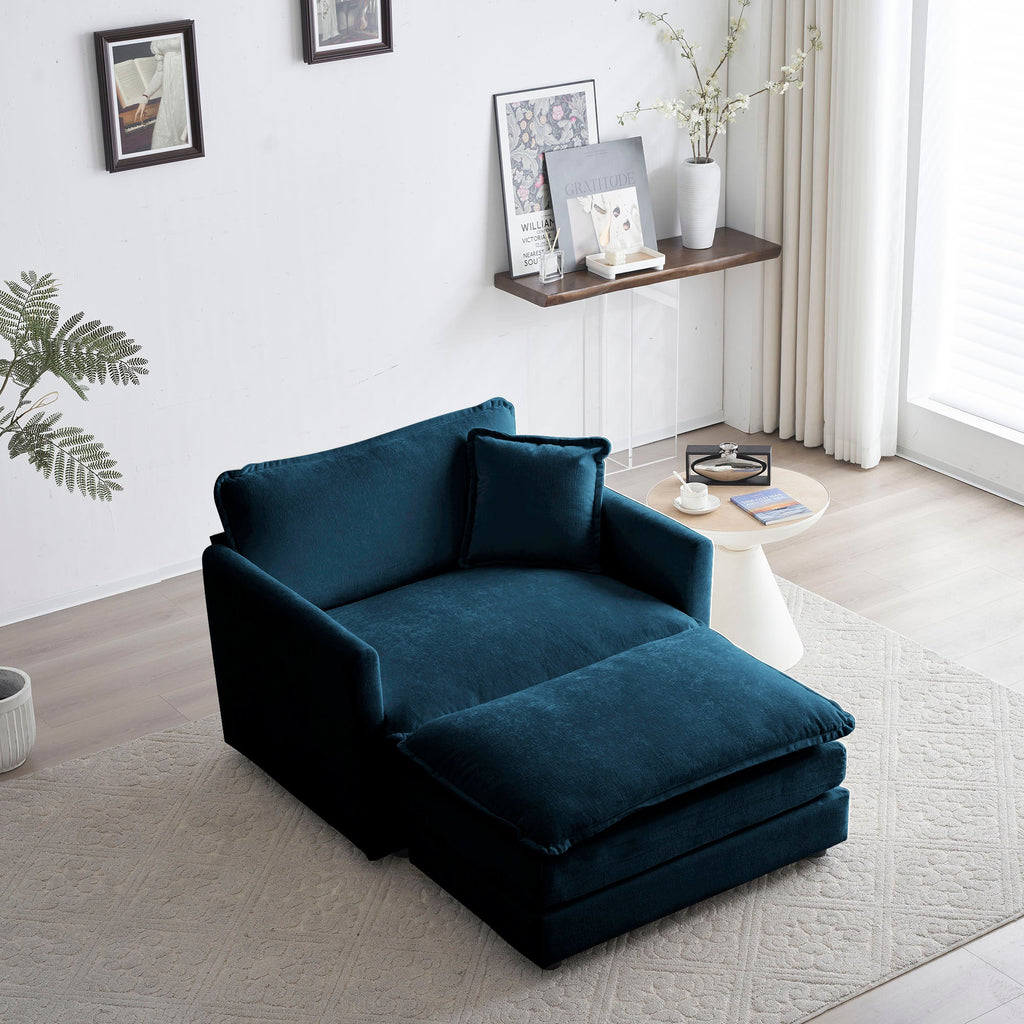 Comfy Oversized Chenille Armchair with Ottoman - Blue