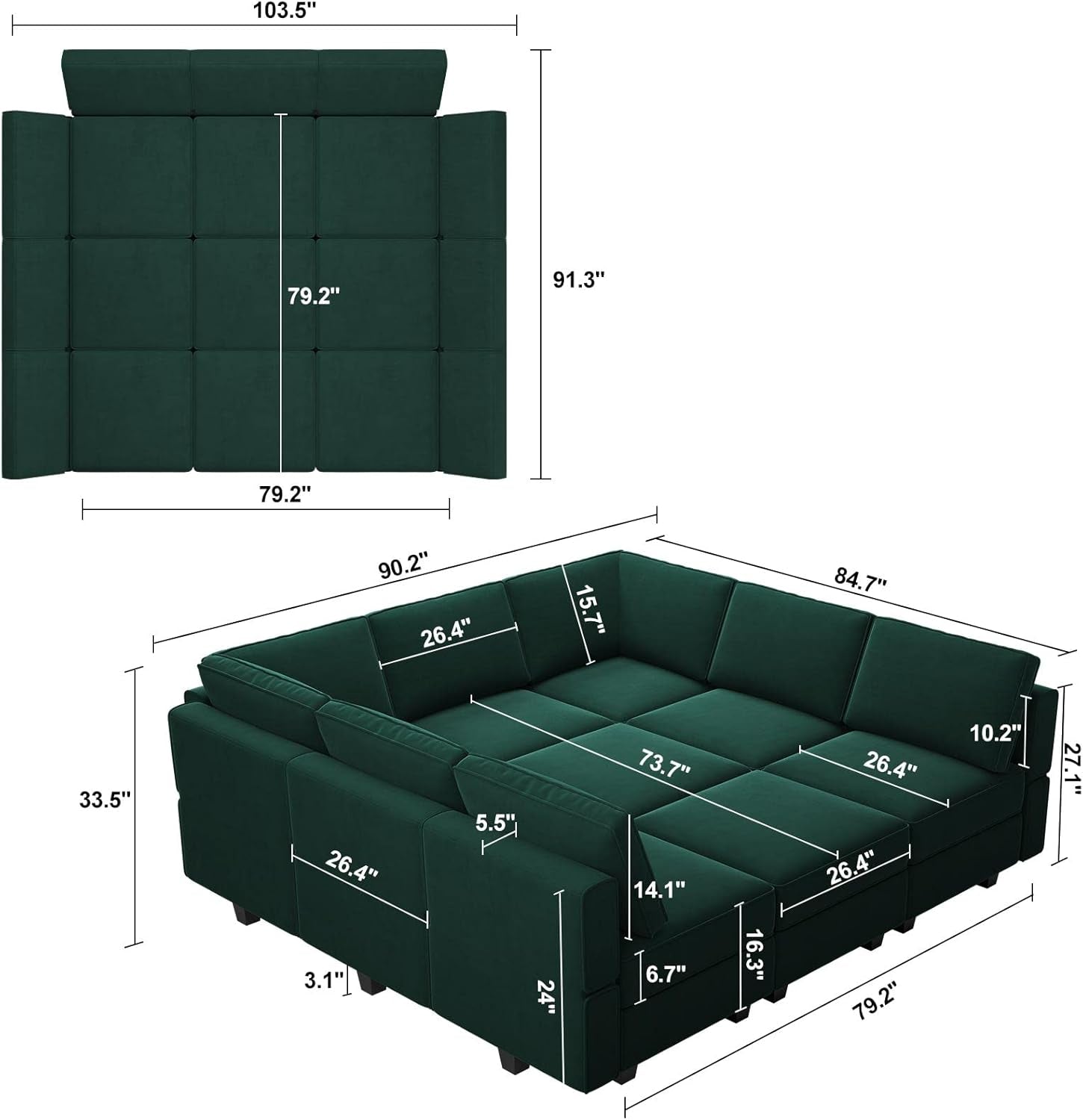 Luxurious Emerald Green Velvet Modular Sleeper Sofa