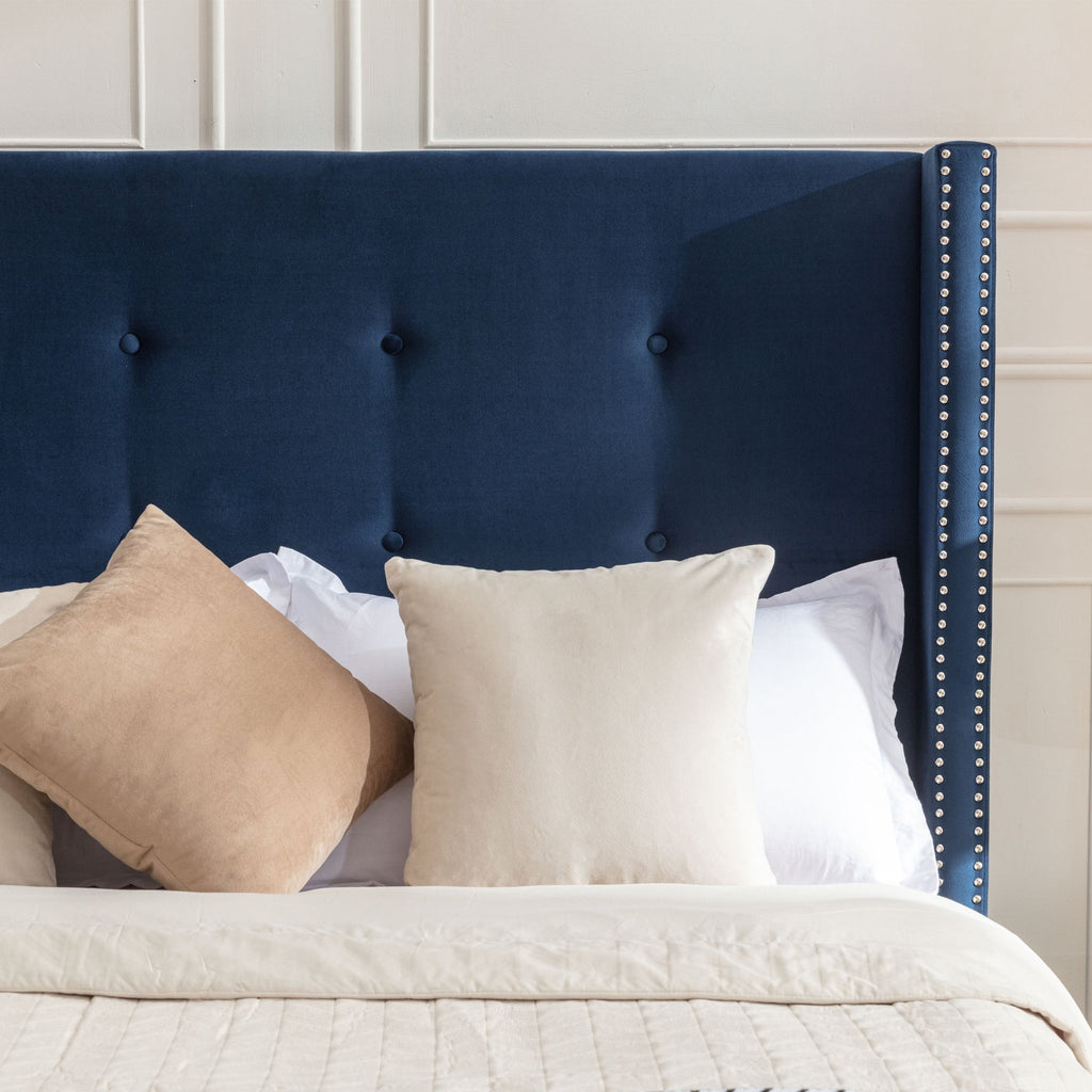 Peyton Upholstered Queen Bed with High Headboard and Traditional Buttoned Tufting in Blue Velvet