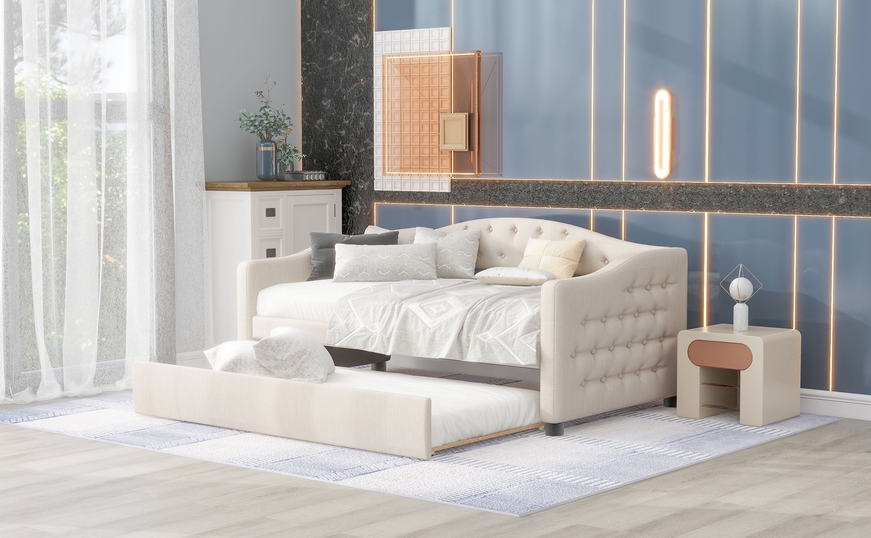 Upholstered Twin Size Daybed with Trundle - Beige