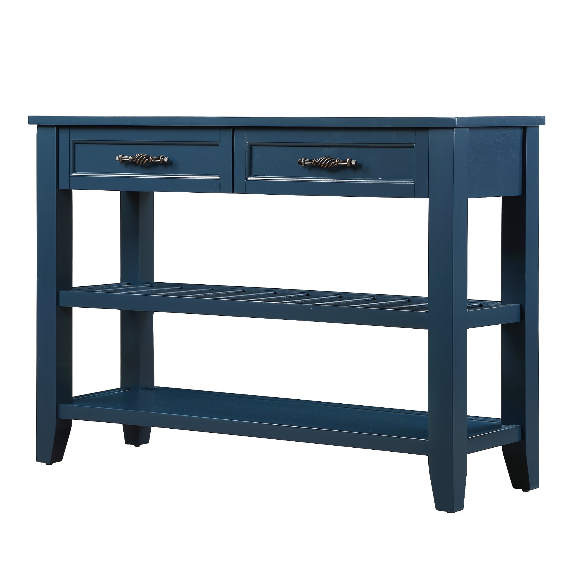 Mid-Century Style Solid Wood Buffet Sideboard with 2 Storage Drawers and 2 Tiers Shelves - Navy Blue