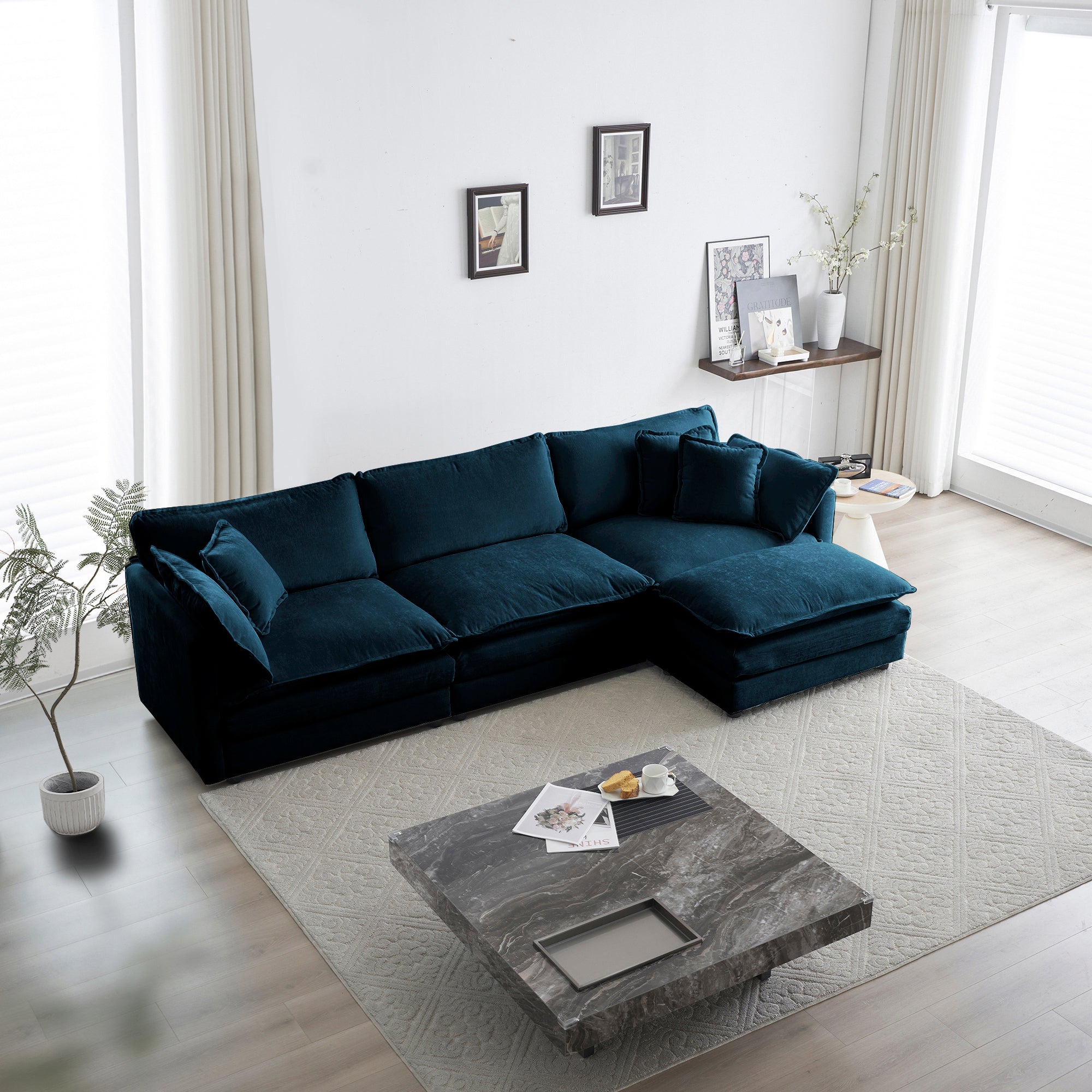 Chenille Oversized Comfy L-Shaped Sectional Sofa with Reversible Ottoman - Blue