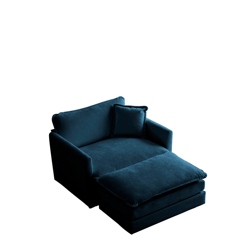 Comfy Oversized Chenille Armchair with Ottoman - Blue