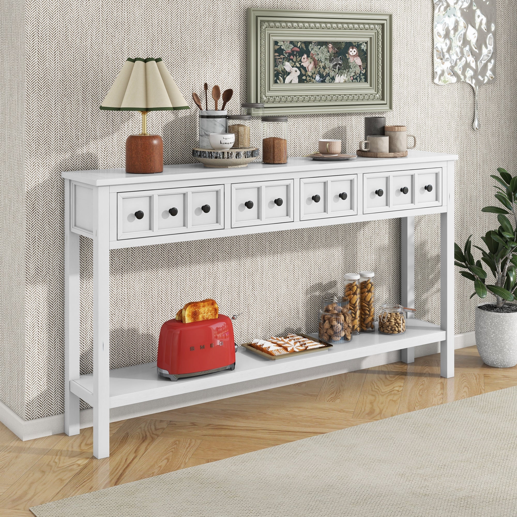 Rustic Entryway Console Table with Drawers and Bottom Shelf for Storage (Antique White)