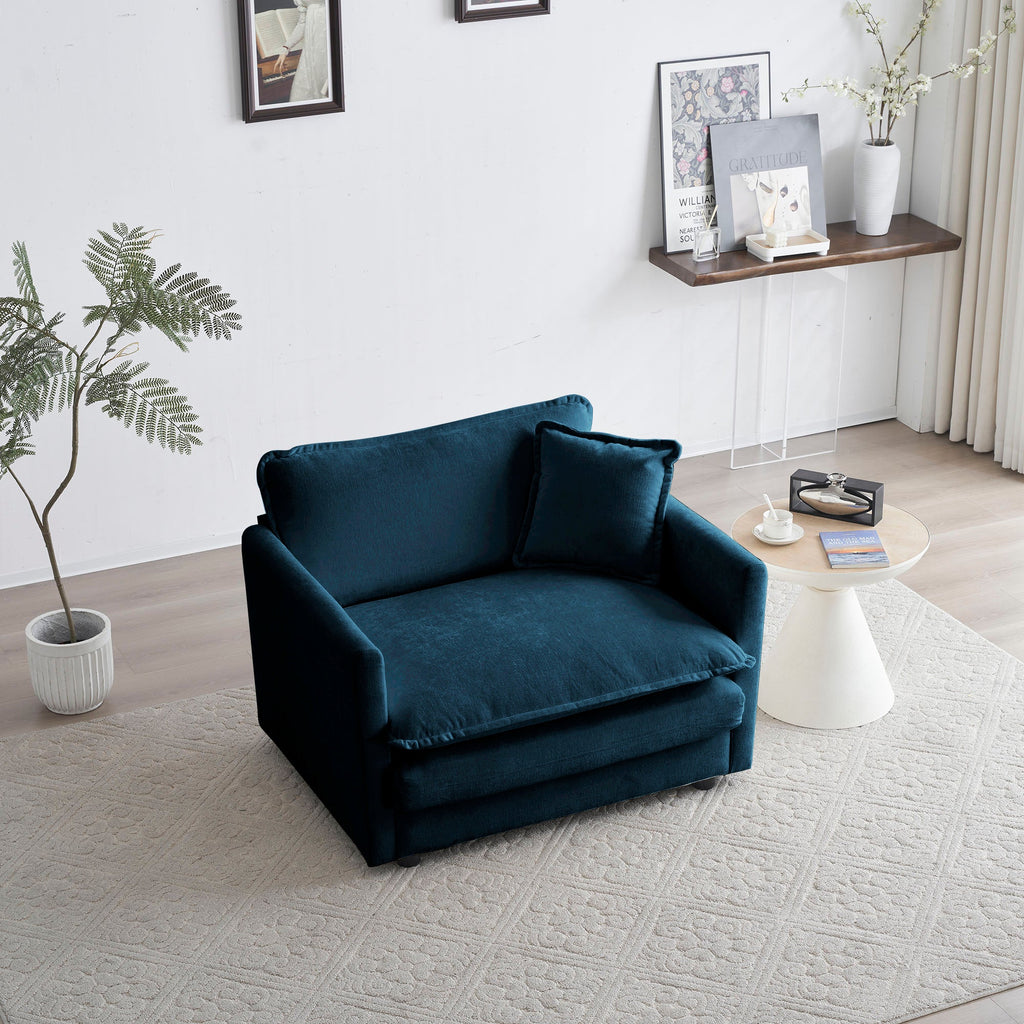 Comfy Deep Single Seat Upholstered Armchair with Blue Chenille Fabric, 1 Toss Pillow