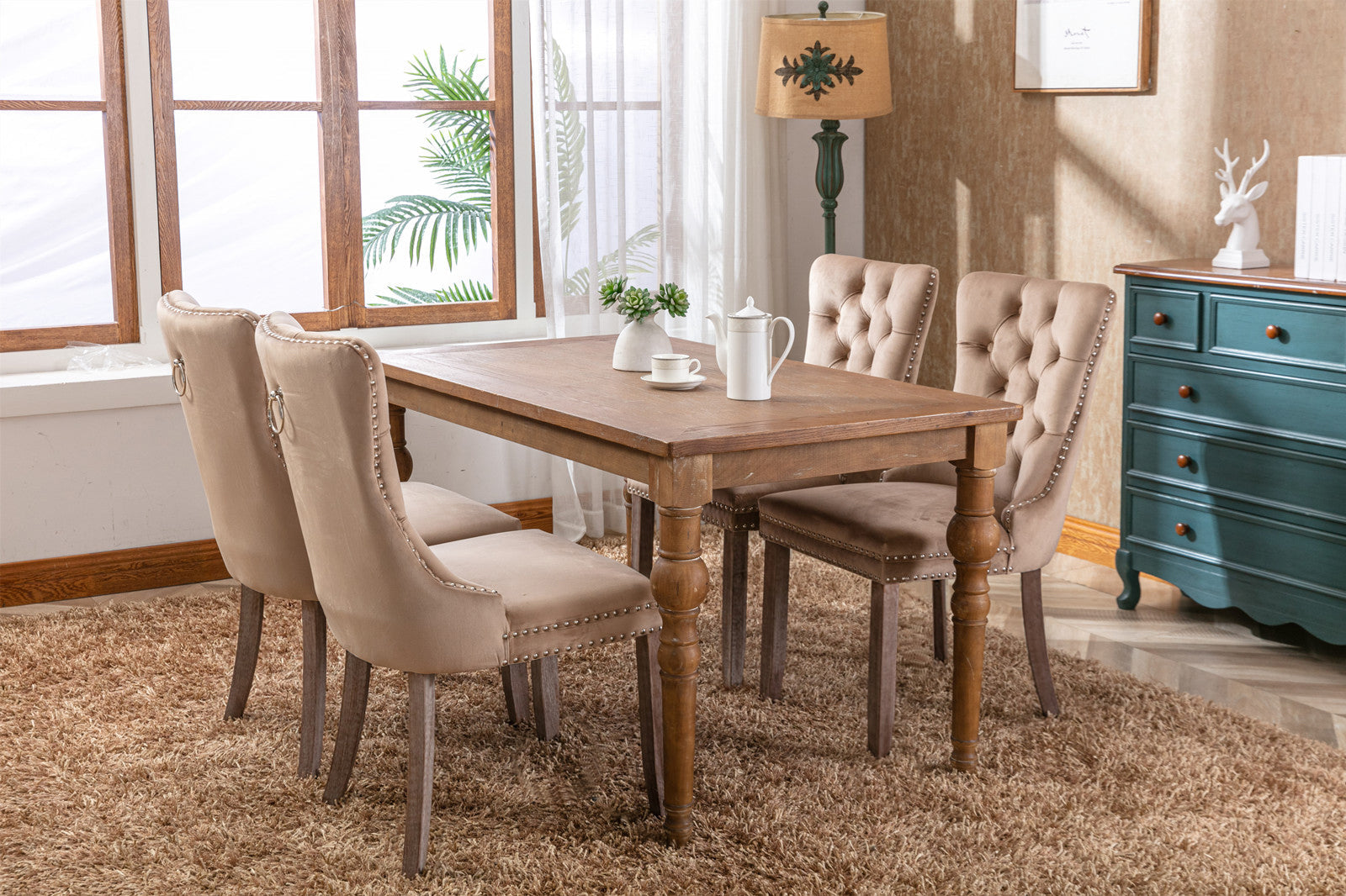 High-End Tufted Solid Wood Velvet Upholstered Dining Chairs, 2-Pc Set Khaki