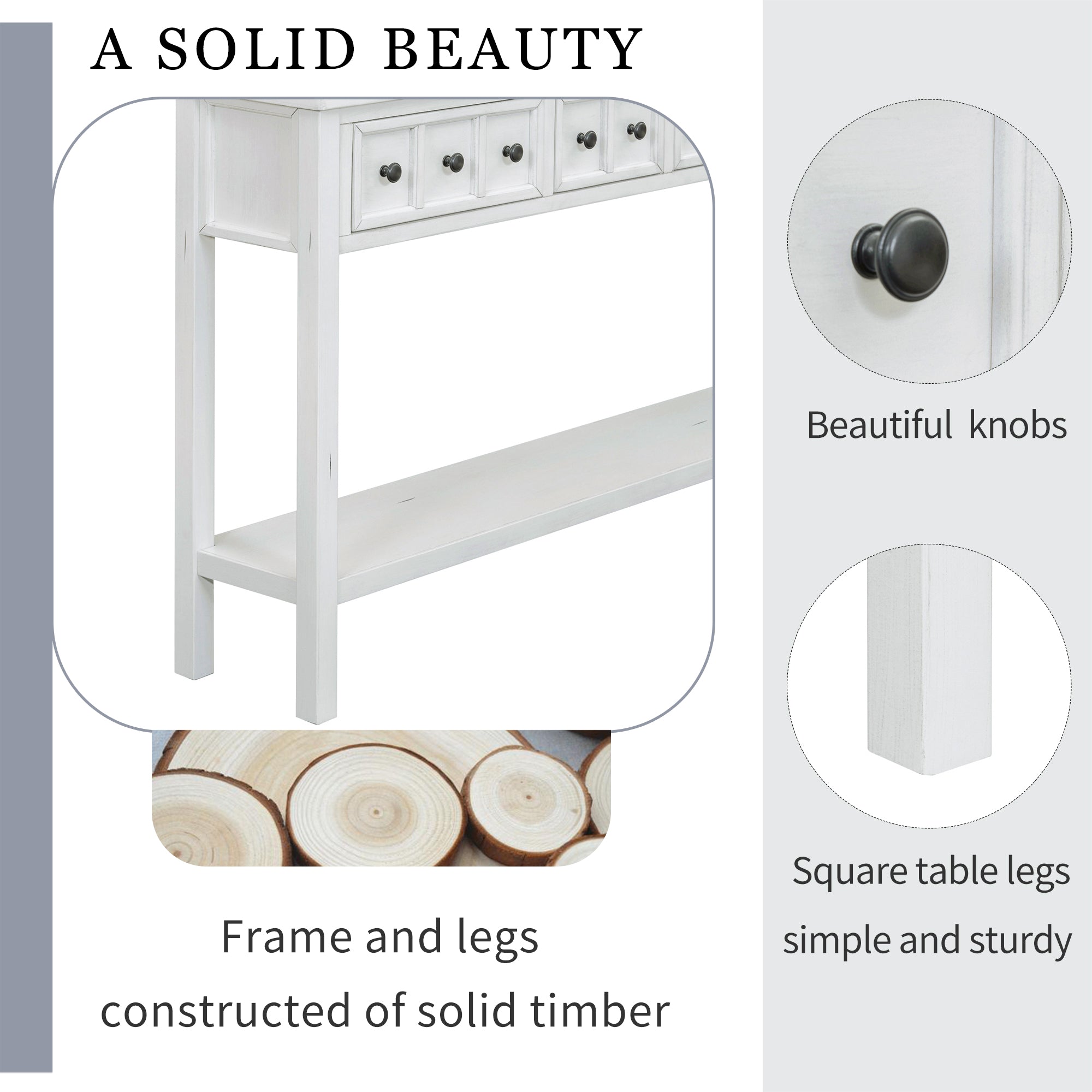 Rustic Entryway Console Table with Drawers and Bottom Shelf for Storage (Antique White)