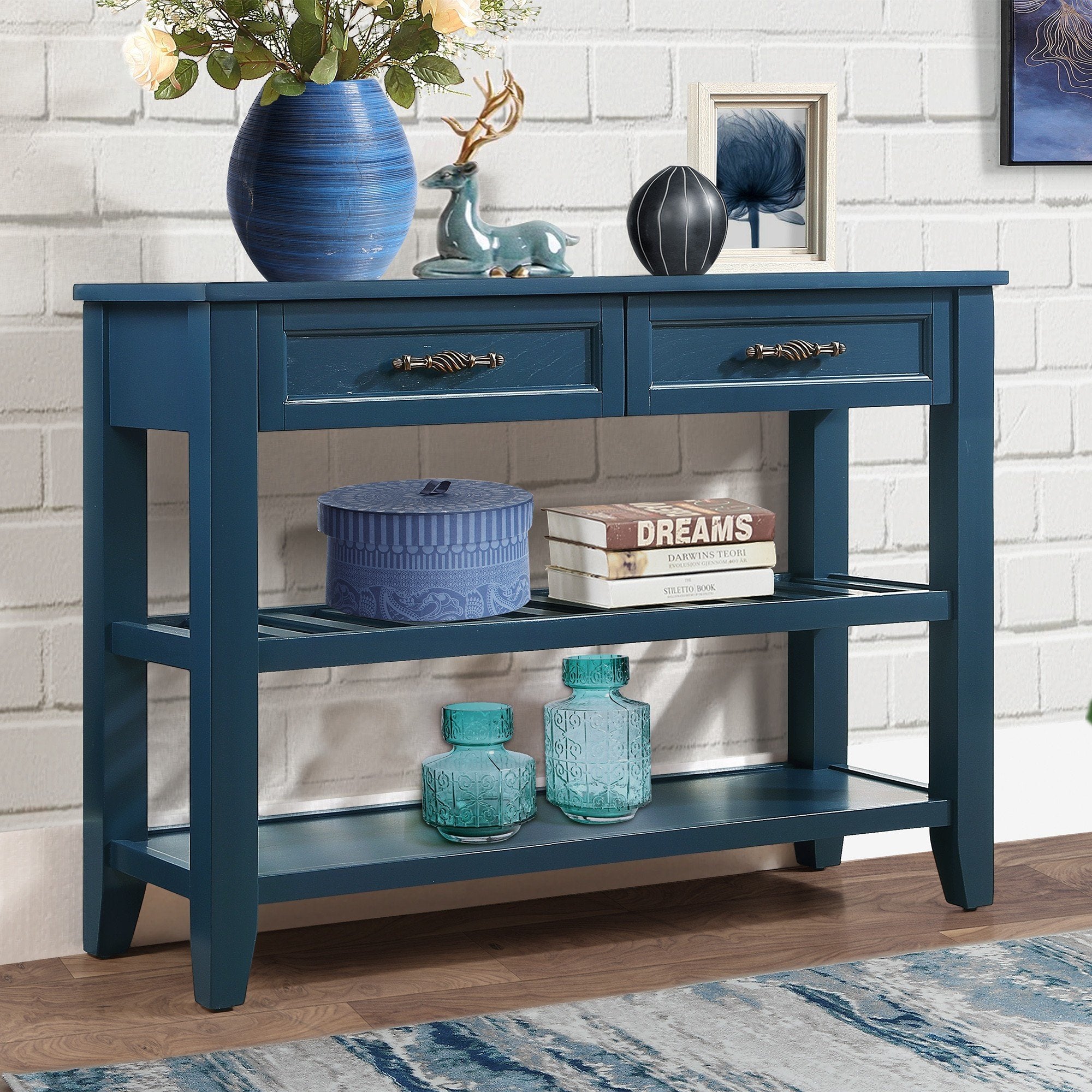 Mid-Century Style Solid Wood Buffet Sideboard with 2 Storage Drawers and 2 Tiers Shelves - Navy Blue