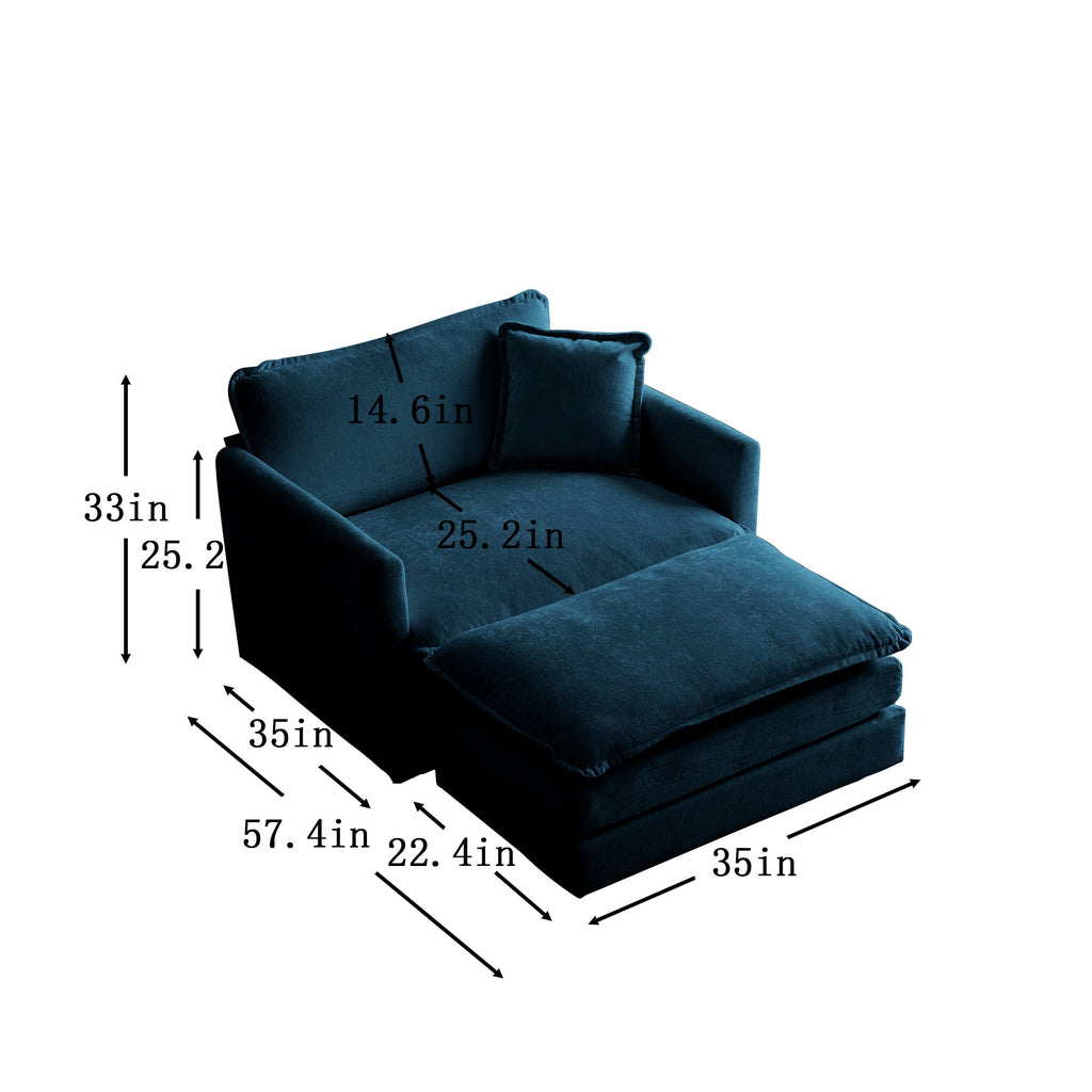 Comfy Oversized Chenille Armchair with Ottoman - Blue